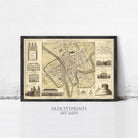 The image is a framed art print depicting a detailed map of a city, with various landmarks and buildings labeled.