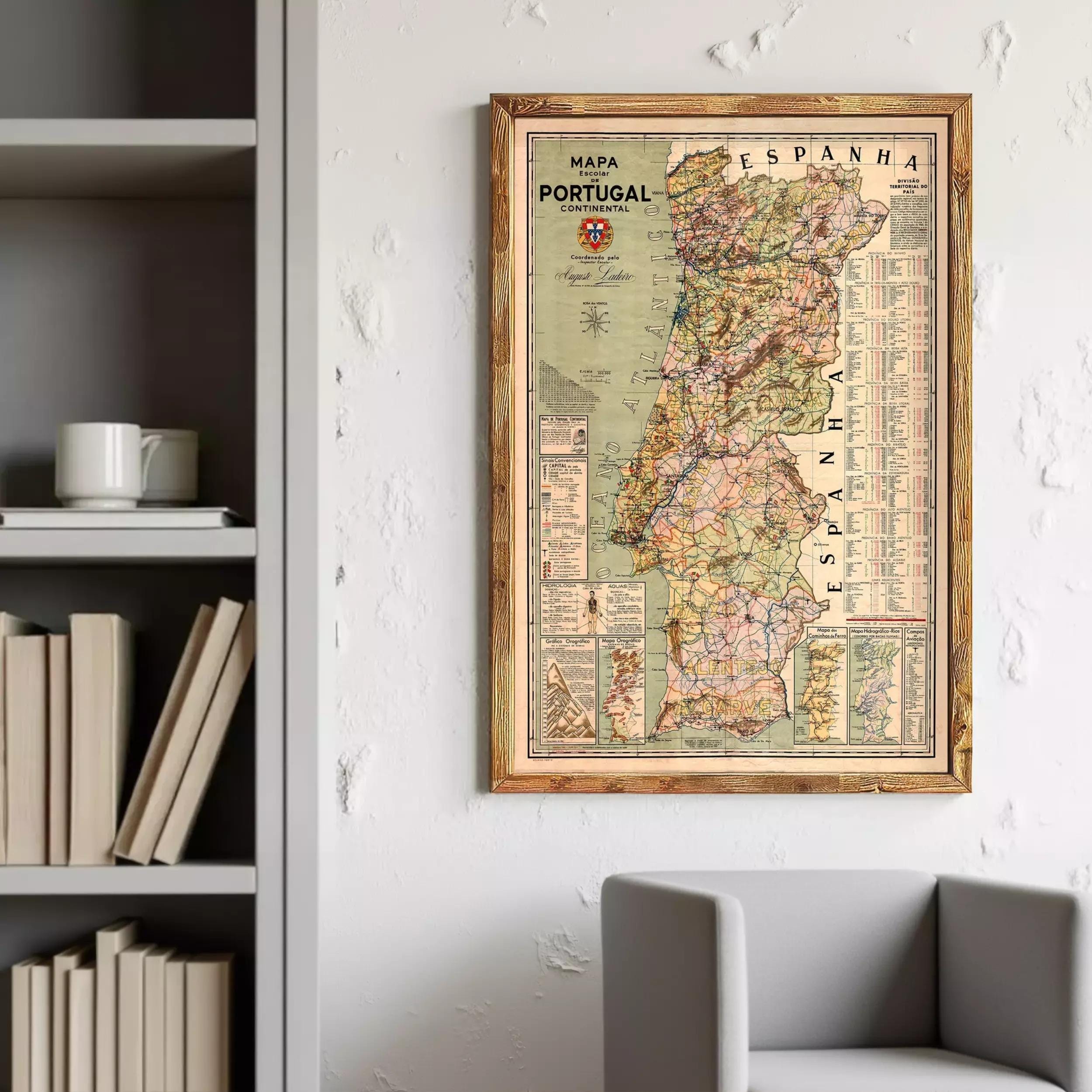 a framed map of Portugal hanging on a wall, with a bookshelf and a chair visible in the background.