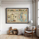 The image is a framed vintage map of Maryland, featuring various illustrations and labels that provide geographical information about the state.