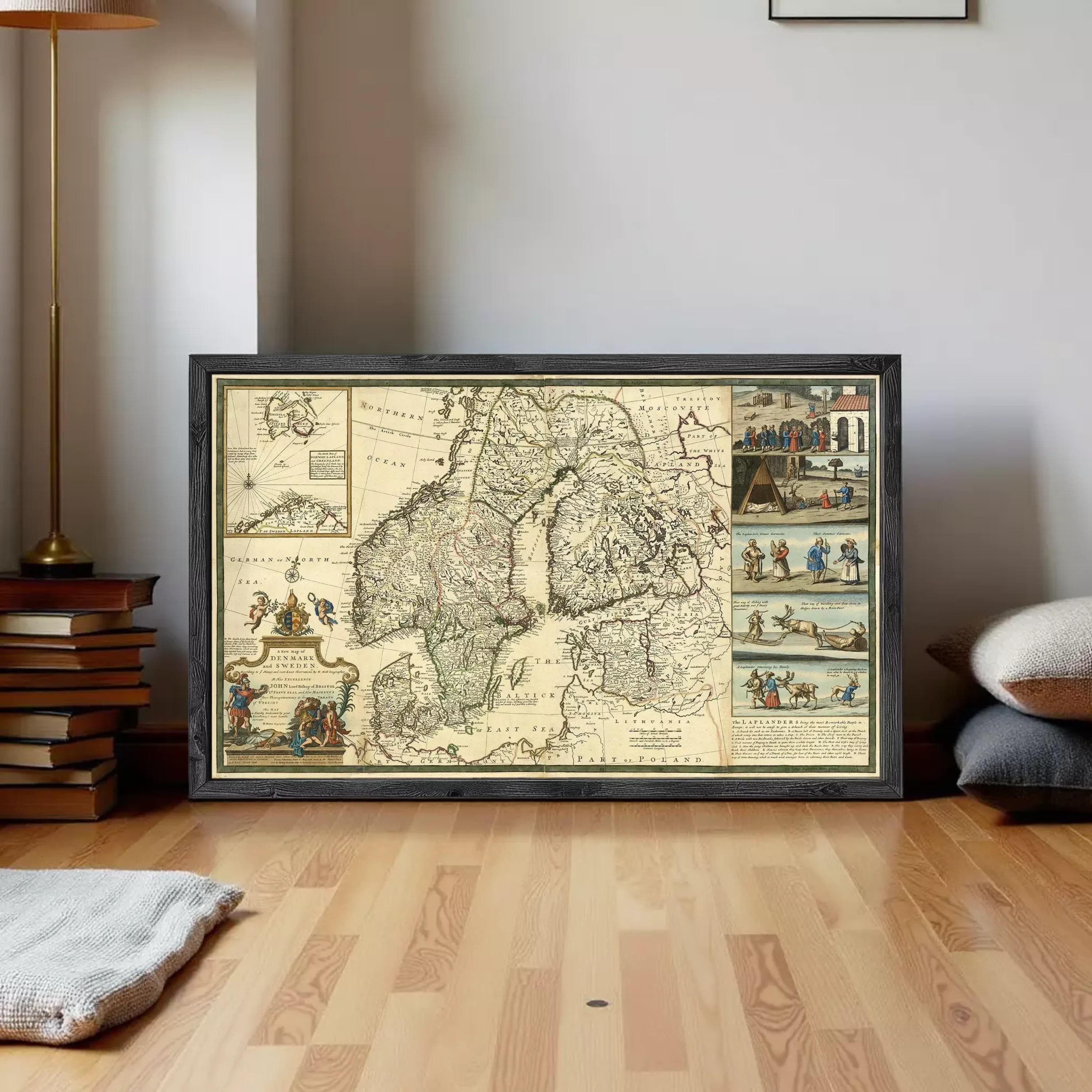 The image is a framed antique map of Europe, depicting various regions and landmarks.