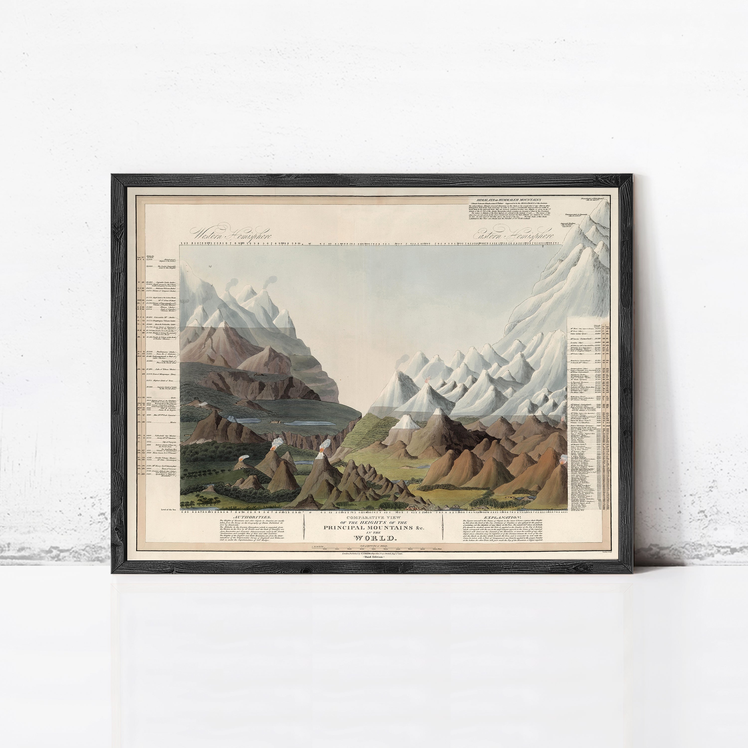 The image is a framed vintage map depicting a mountainous landscape with various peaks and valleys.