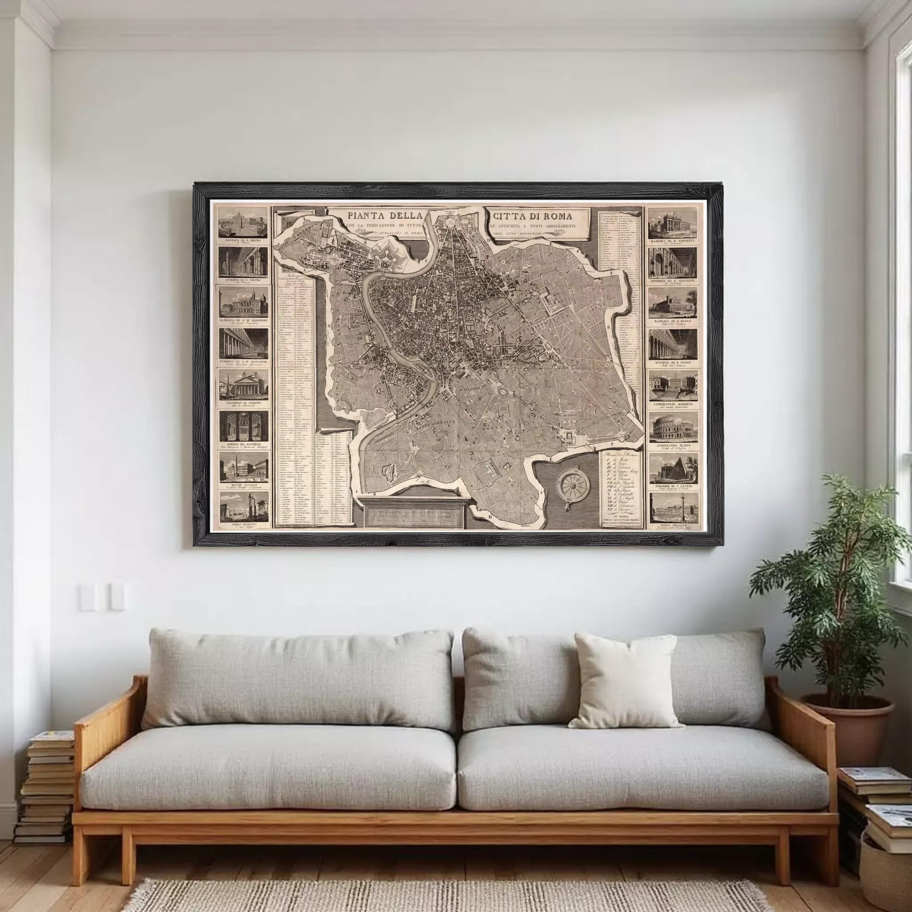 The image is a framed vintage map of Rome, Italy, depicting the city's layout and landmarks.