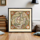 The image is a framed vintage map of the world, depicting the continents and oceans in a detailed and colorful manner.