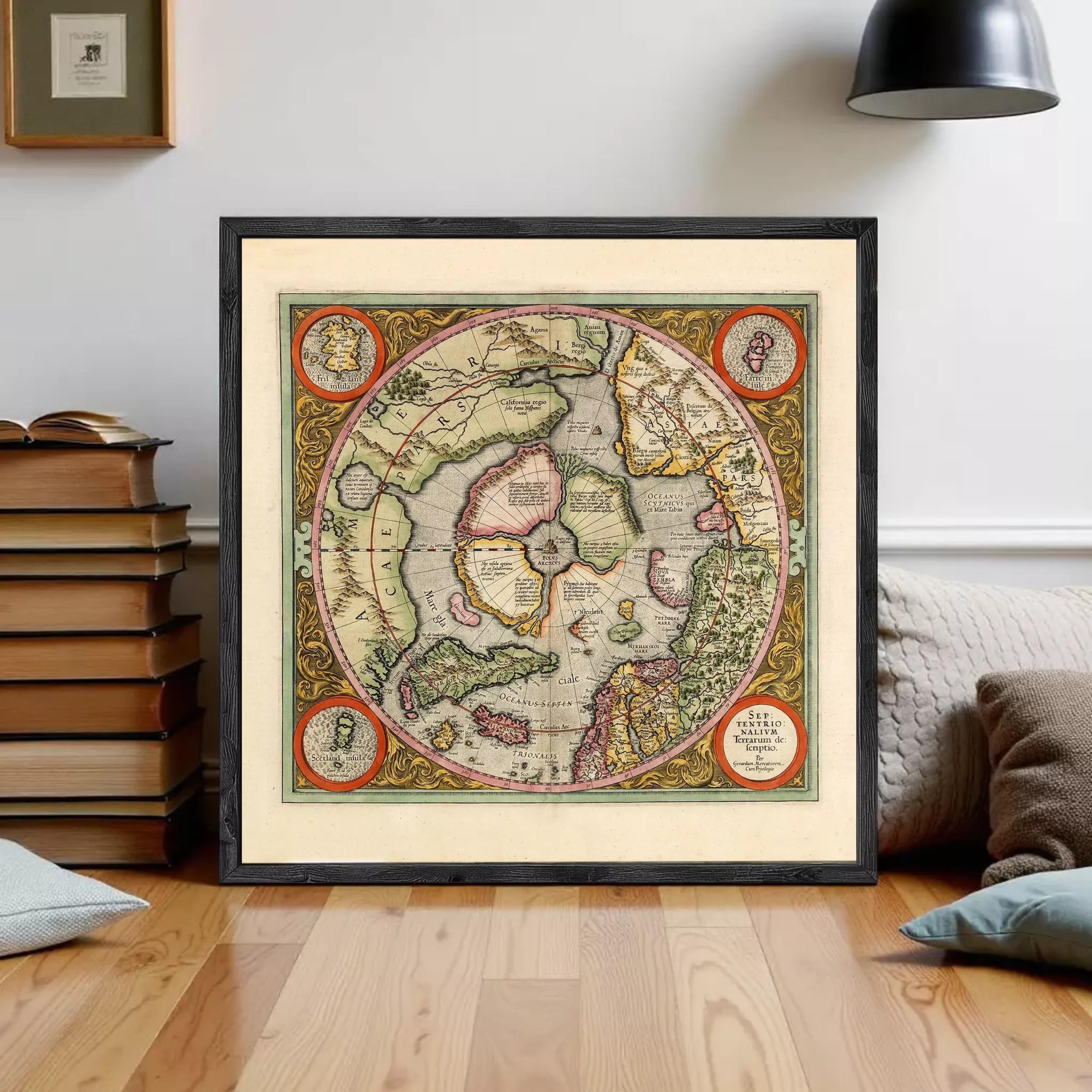 The image is a framed vintage map of the world, depicting the continents and oceans in a detailed and colorful manner.