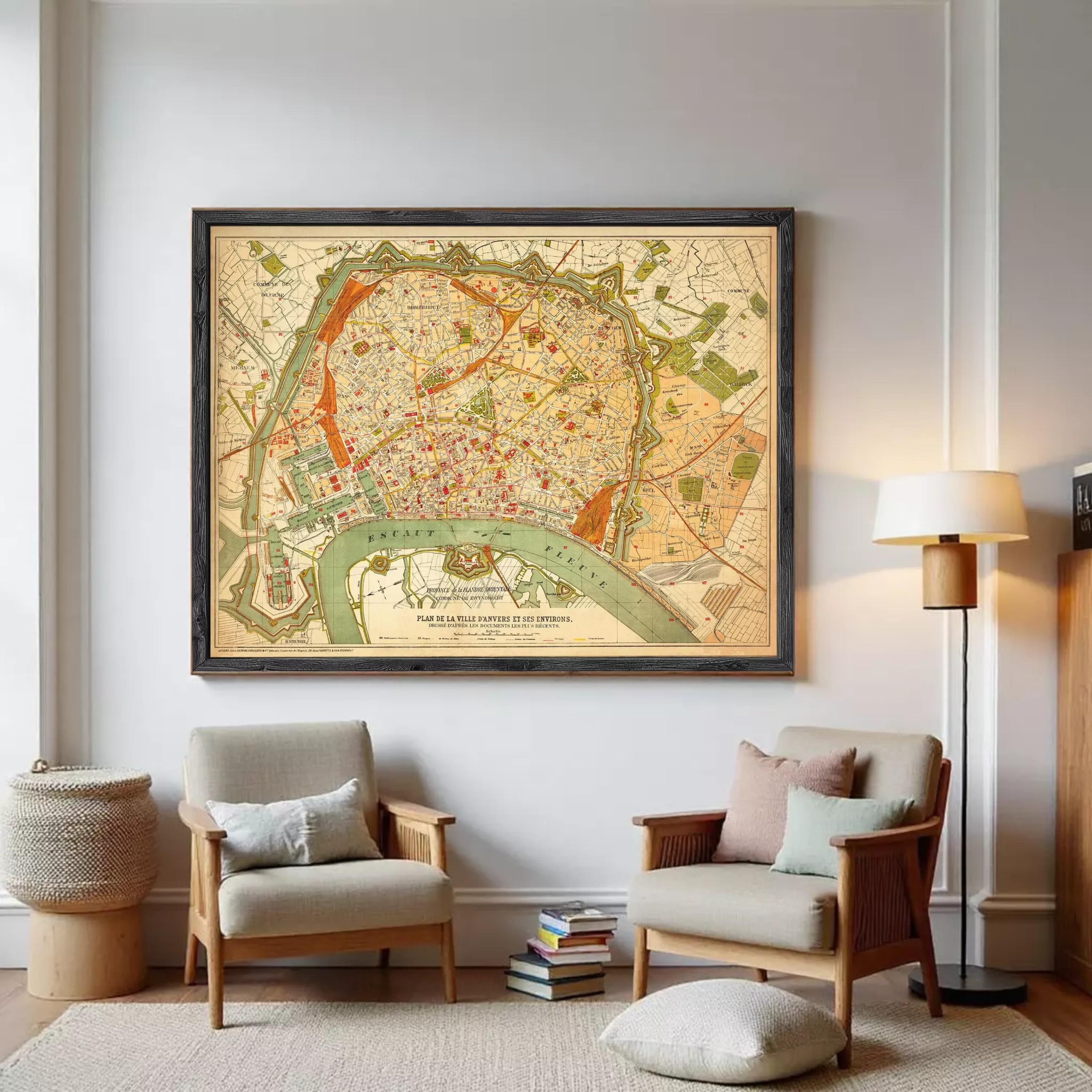 The image is a framed vintage map of Paris, France, depicting the city's layout and surrounding areas.