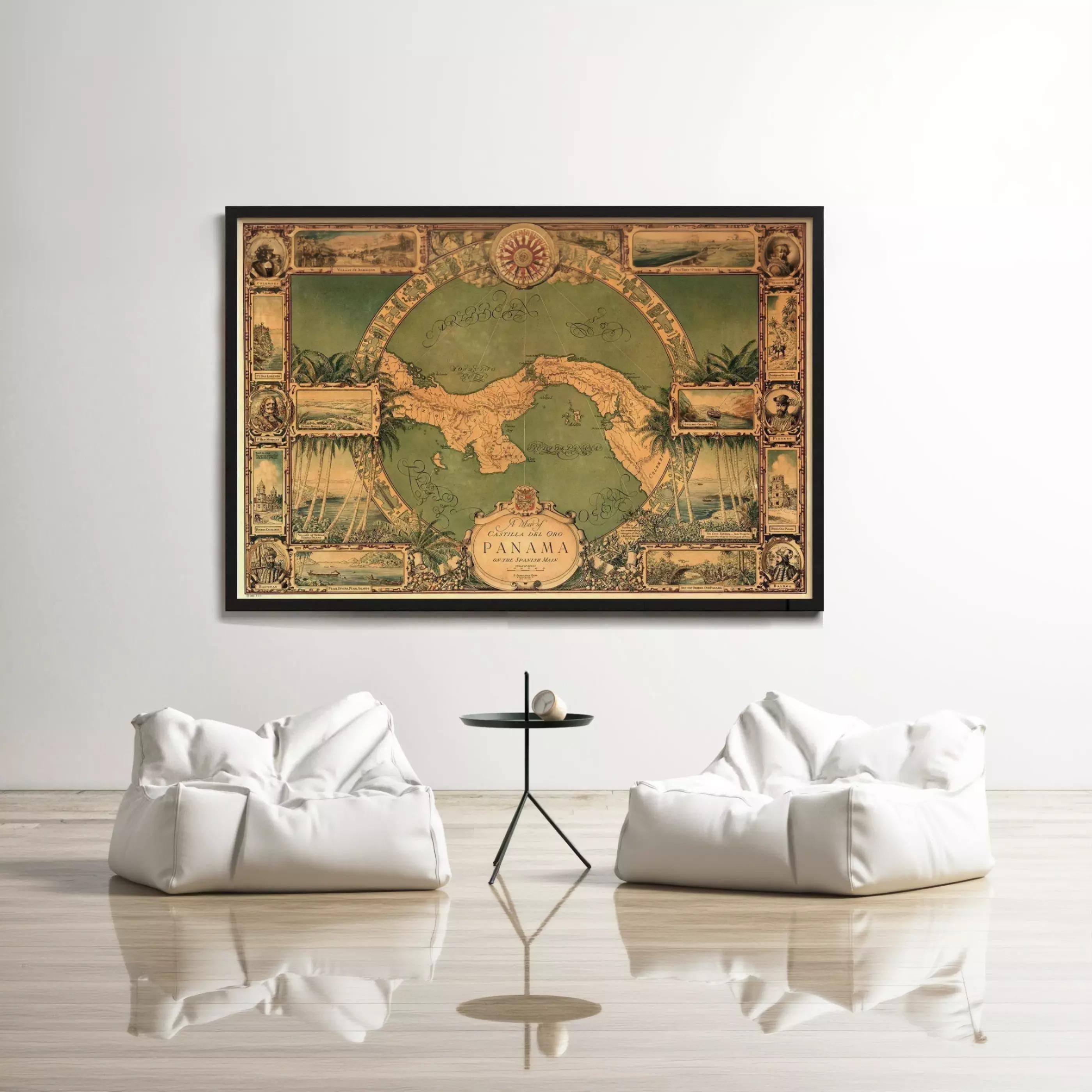 a large framed map of Panama hanging on a white wall, with two white bean bag chairs positioned in front of it.