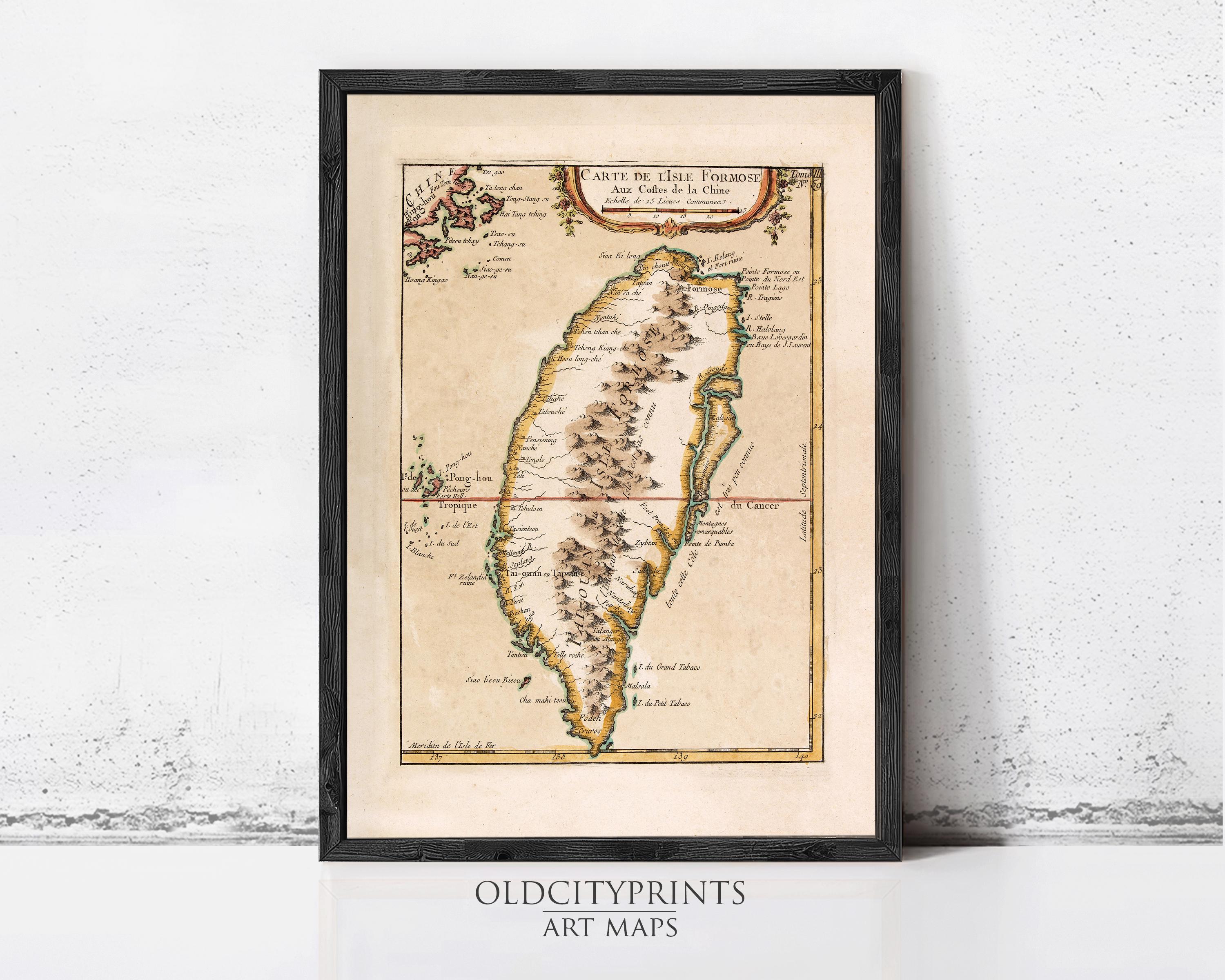 The image is a framed antique map of Taiwan, depicting the island's geographical features and boundaries.