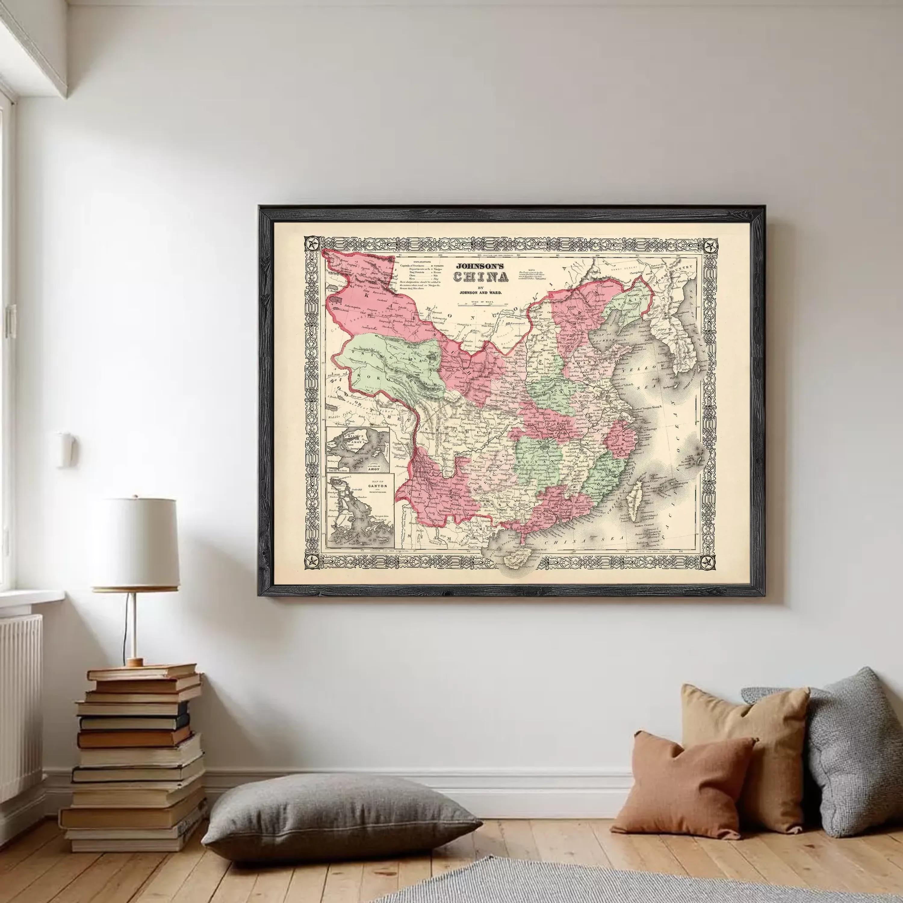 The image is a framed vintage map of China, depicting the country in a detailed and intricate manner.