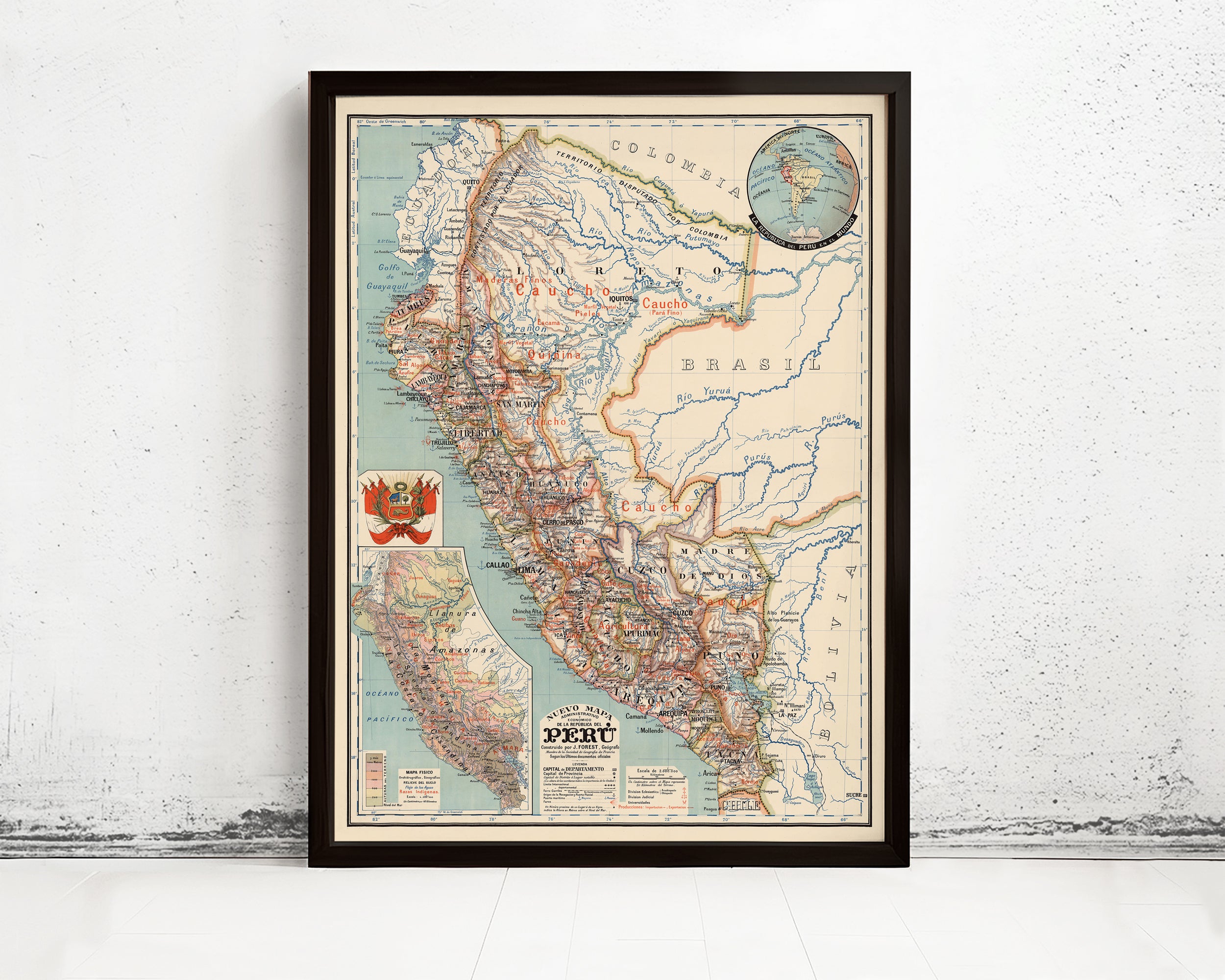 The image is a framed map of South America, specifically Peru, with various geographical features and labels.