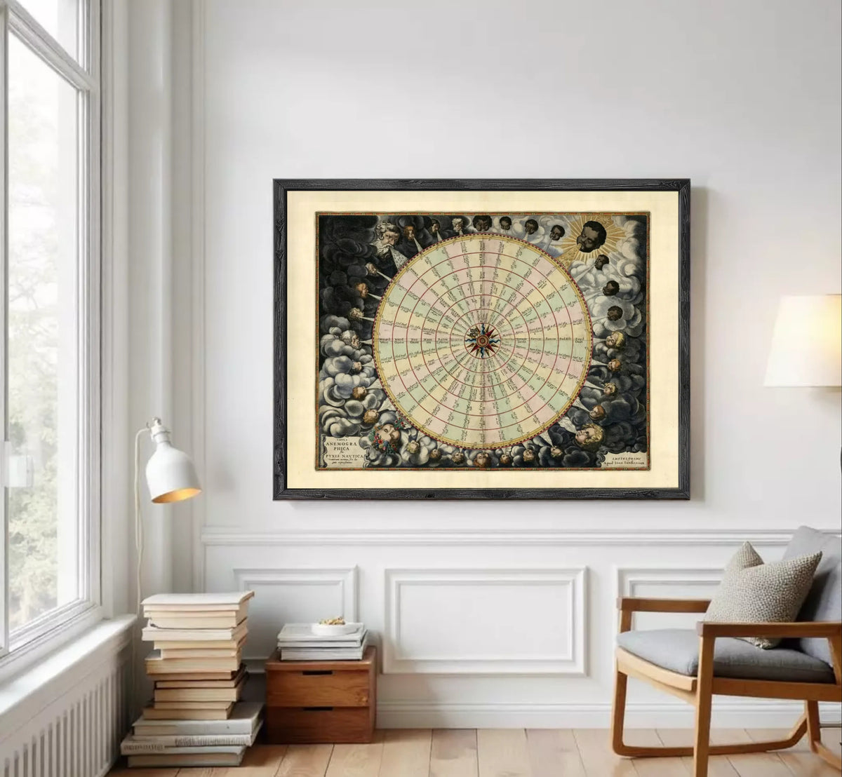 The image is a framed vintage map depicting a wheel with various celestial bodies and symbols surrounding it.