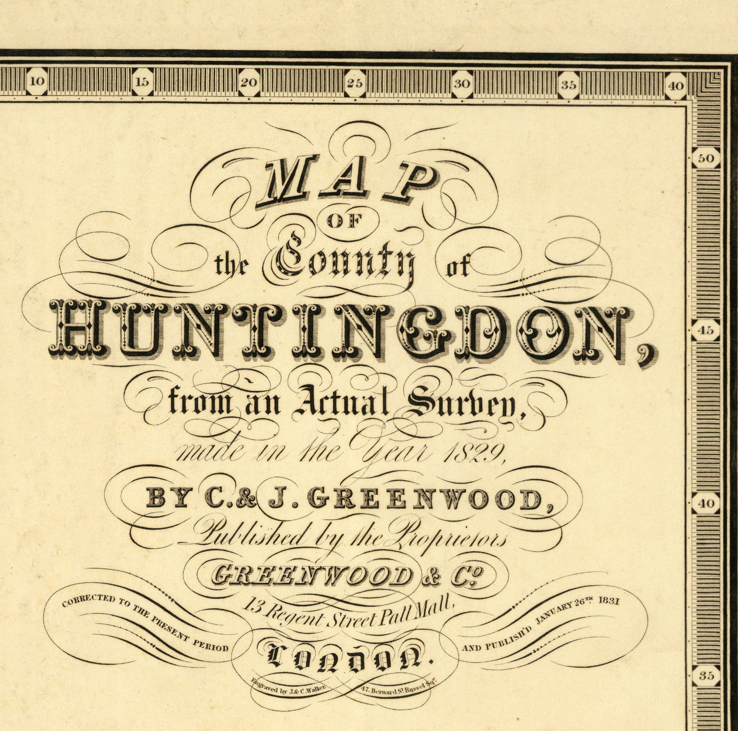 The image is a map of the County of Huntington, published by C. J. Greenwood in the year 1829.