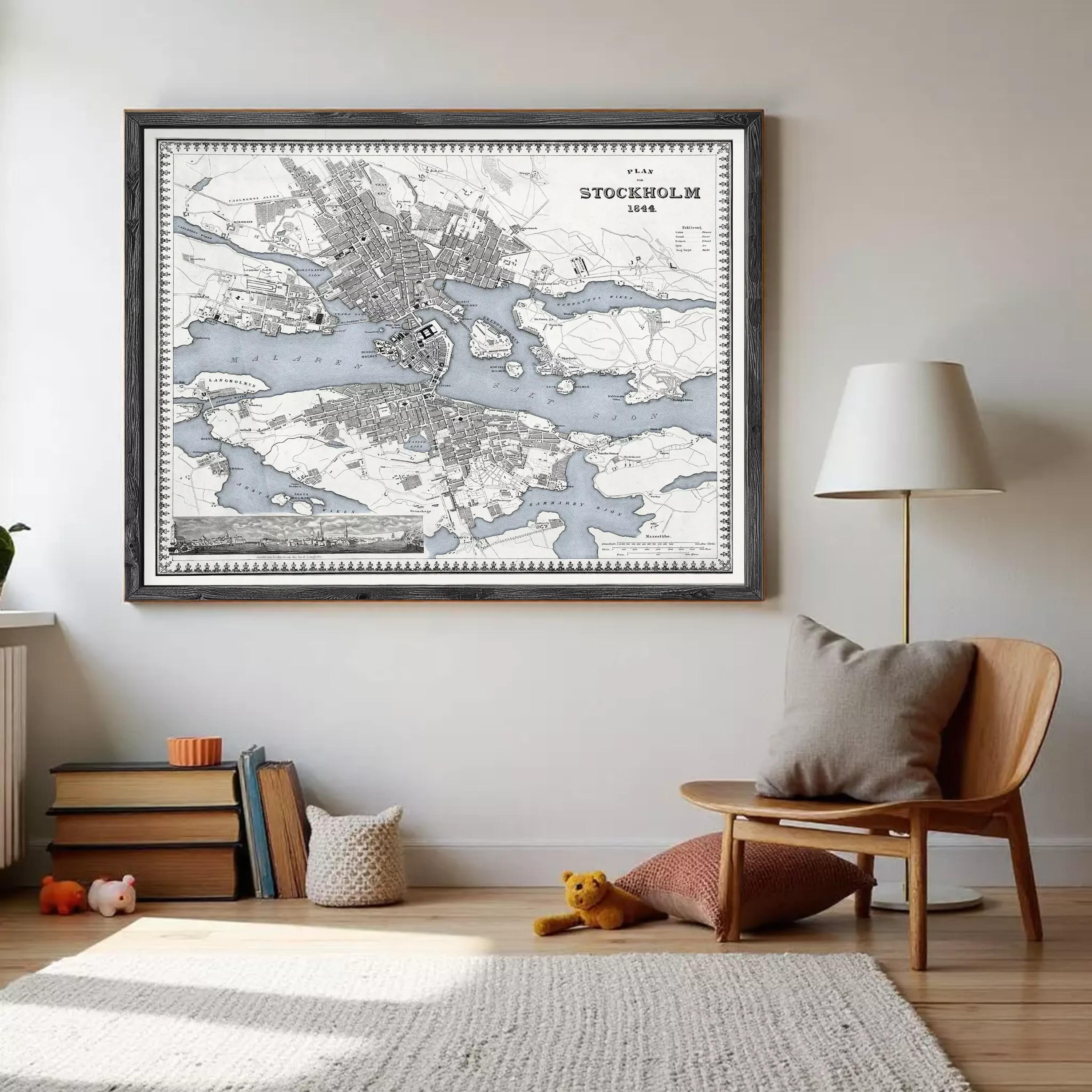 a large framed map of Stockholm, Sweden, hanging on a wall in a living room setting.