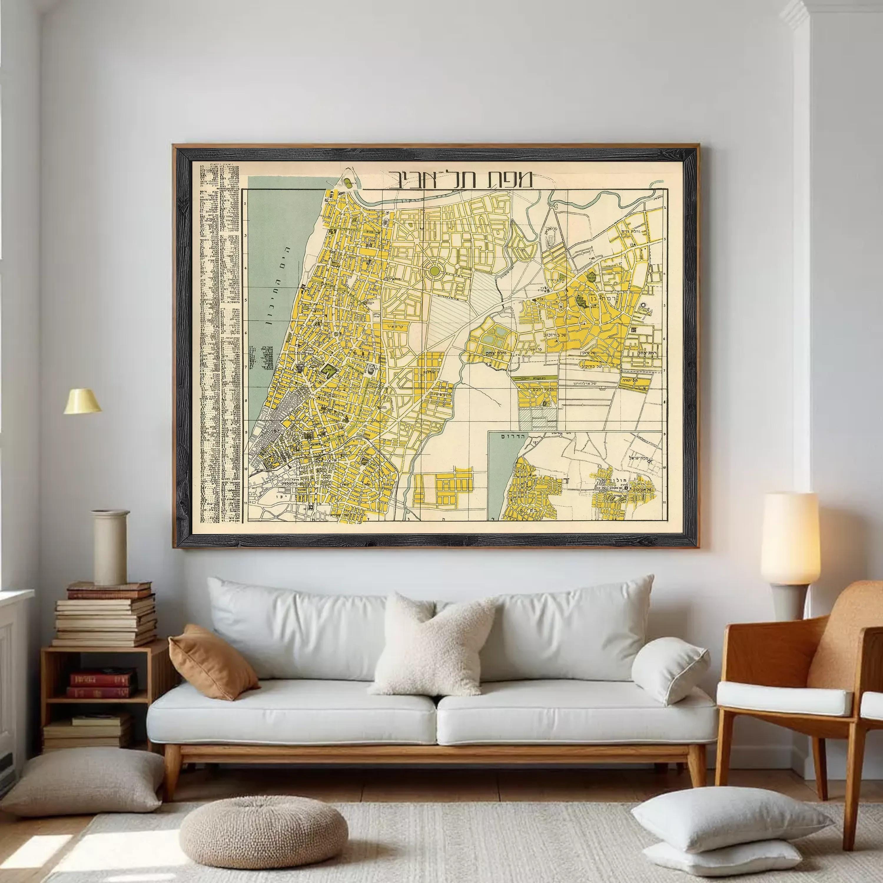 The image is a framed vintage map of a city, likely Jerusalem, with yellow and green coloring.