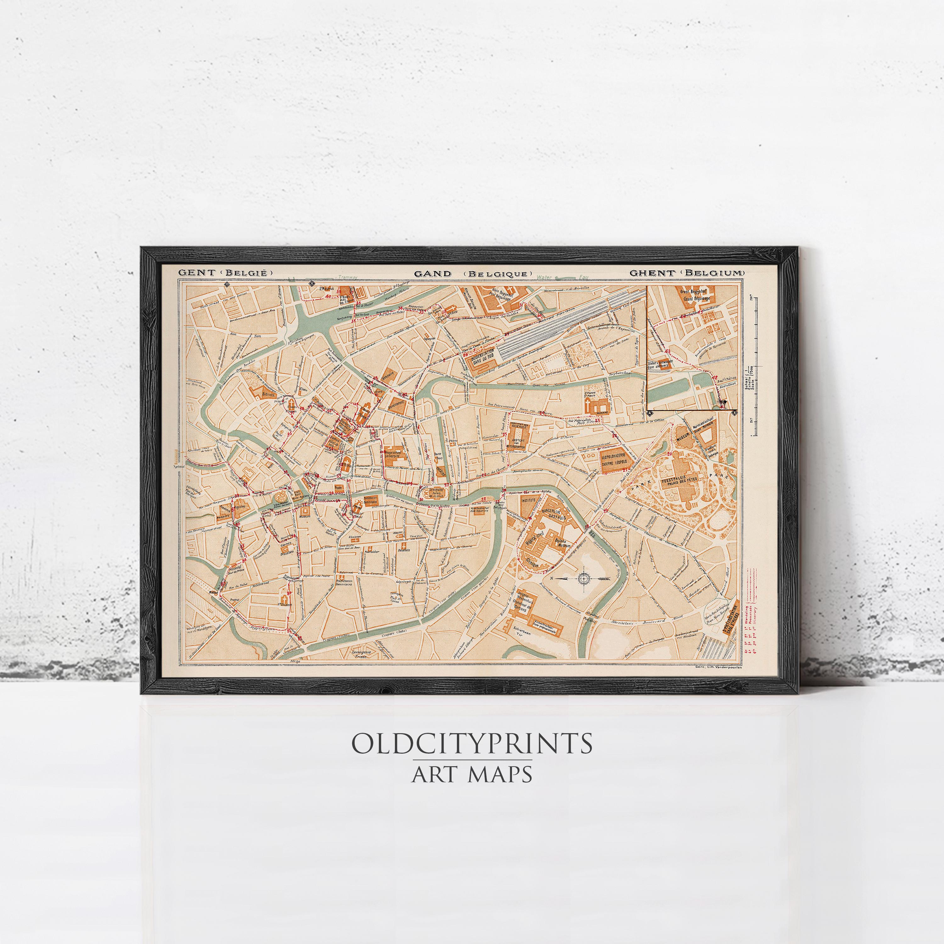 The image is a framed vintage map of Brussels, Belgium, depicting the city's streets and landmarks.