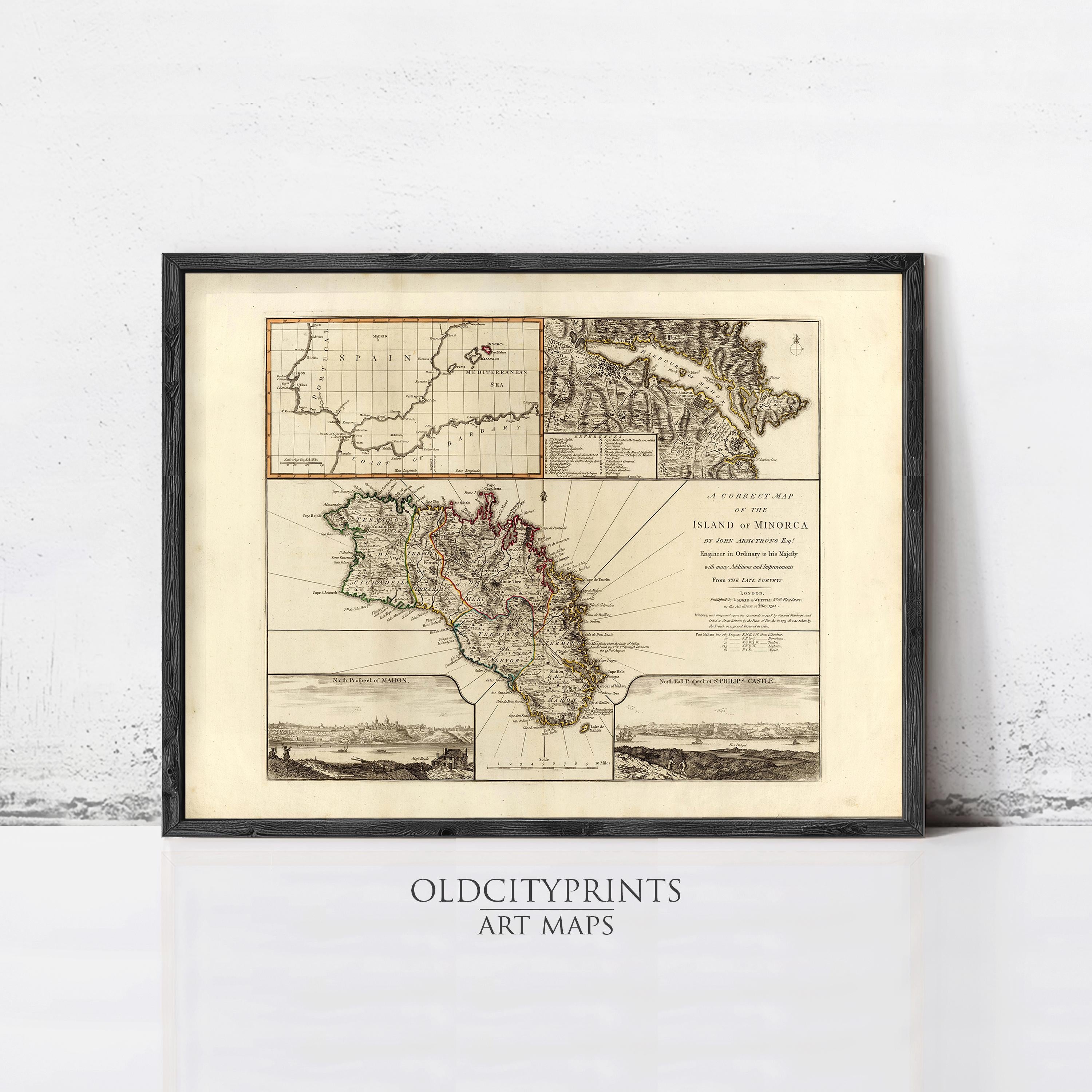 The image is a framed art print depicting a map of the island of Minos, Greece.