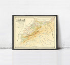 The image is a framed vintage map of a region, likely depicting a mountainous area, with various roads and landmarks marked on it.