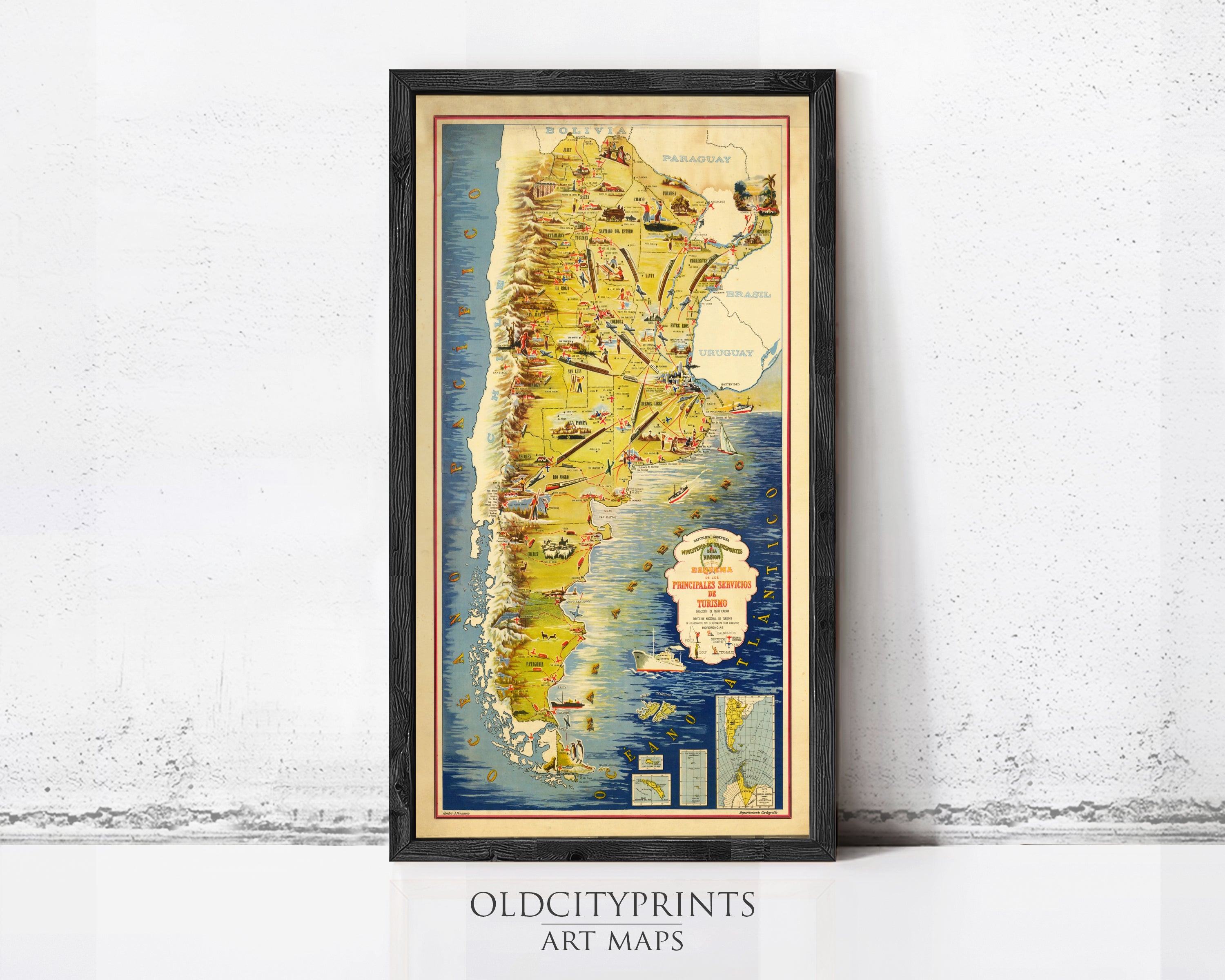 The image is a framed vintage map of South America, featuring various countries and regions with detailed labels.