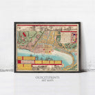 The image is a framed vintage map of a city, depicting various landmarks and geographical features.