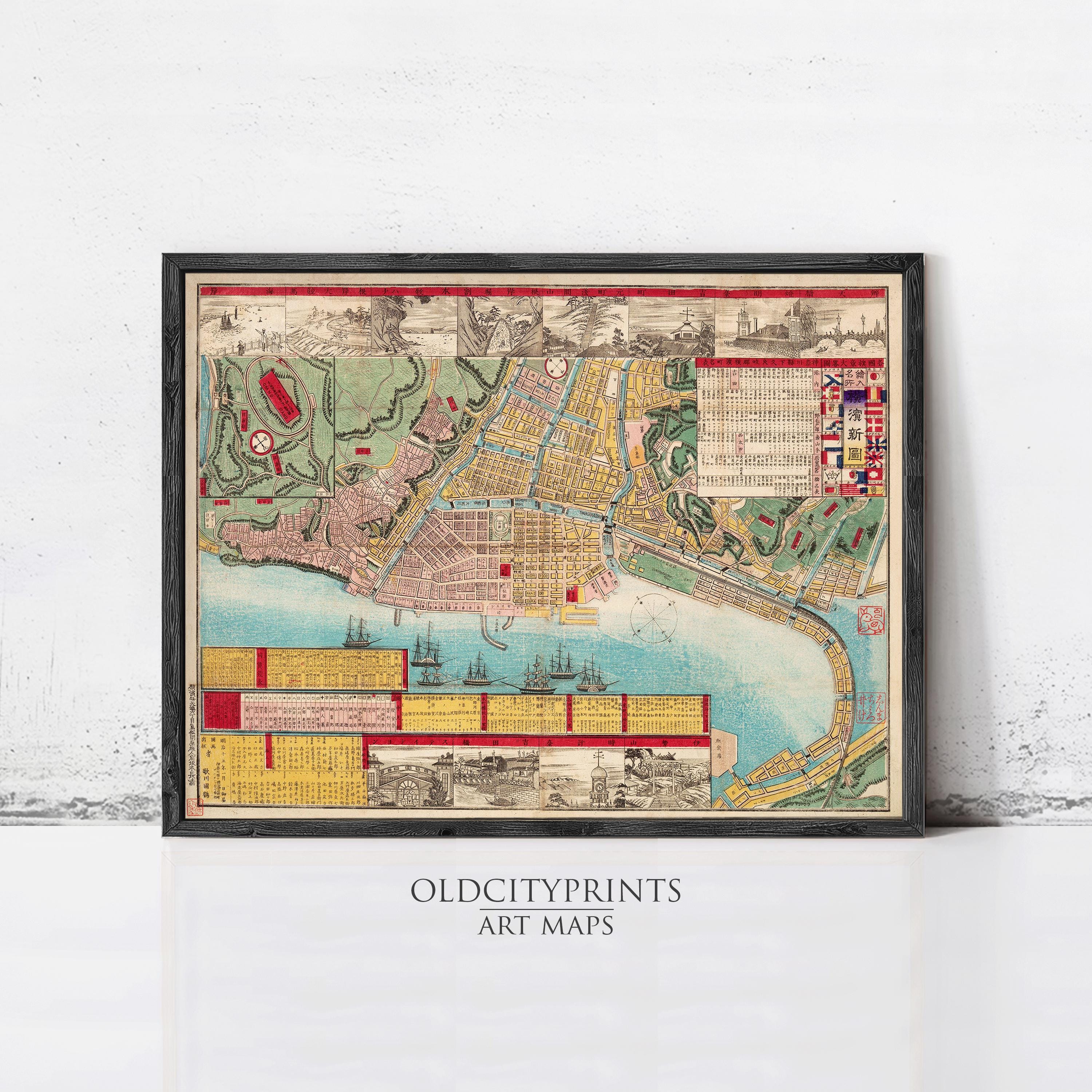The image is a framed vintage map of a city, depicting various landmarks and geographical features.