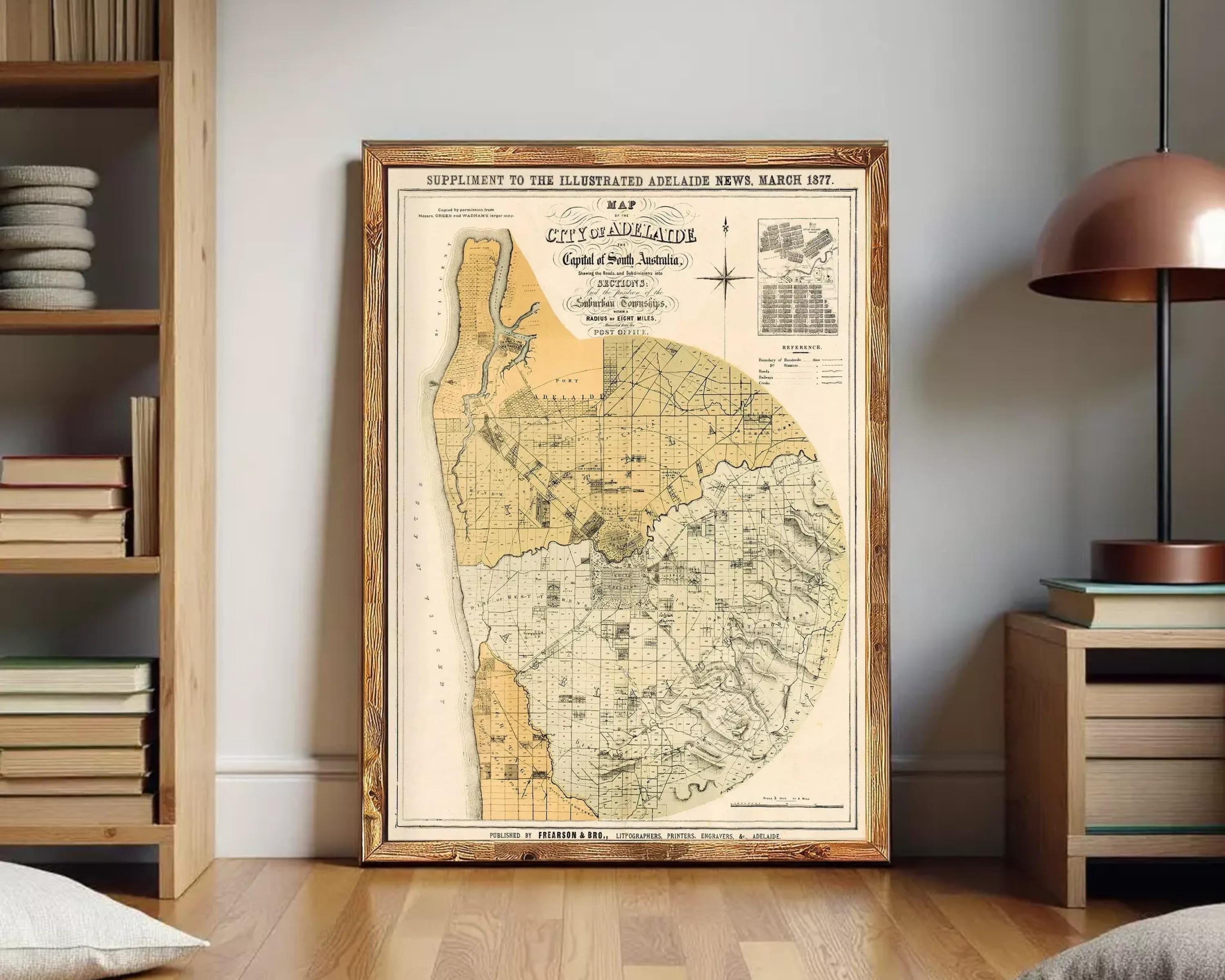 The image is a framed map of the City of Adelaide, South Australia, dated 1877.