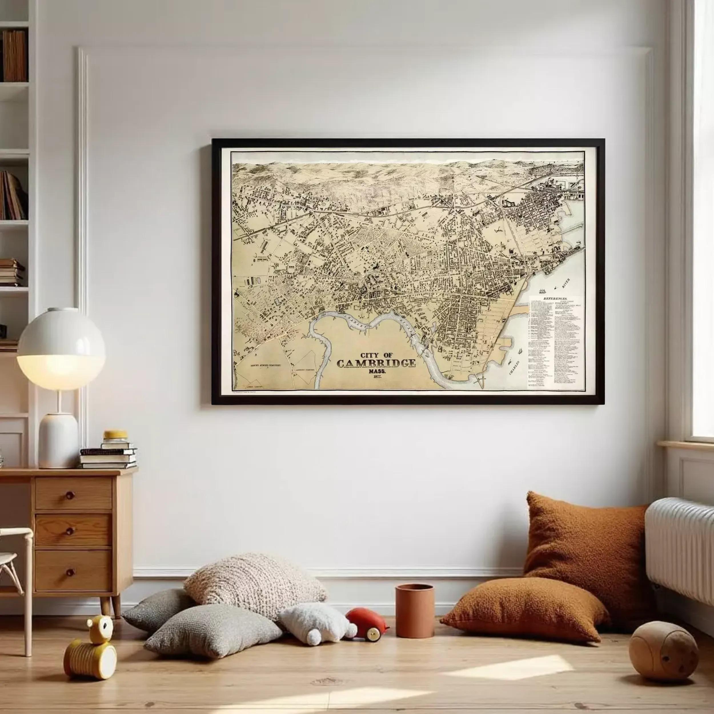 The image is a framed historical map of Cambridge, Massachusetts, depicting the city's layout and surrounding areas.