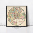 The image is a framed vintage map of New York City, depicting the city's geographical layout and surrounding areas.