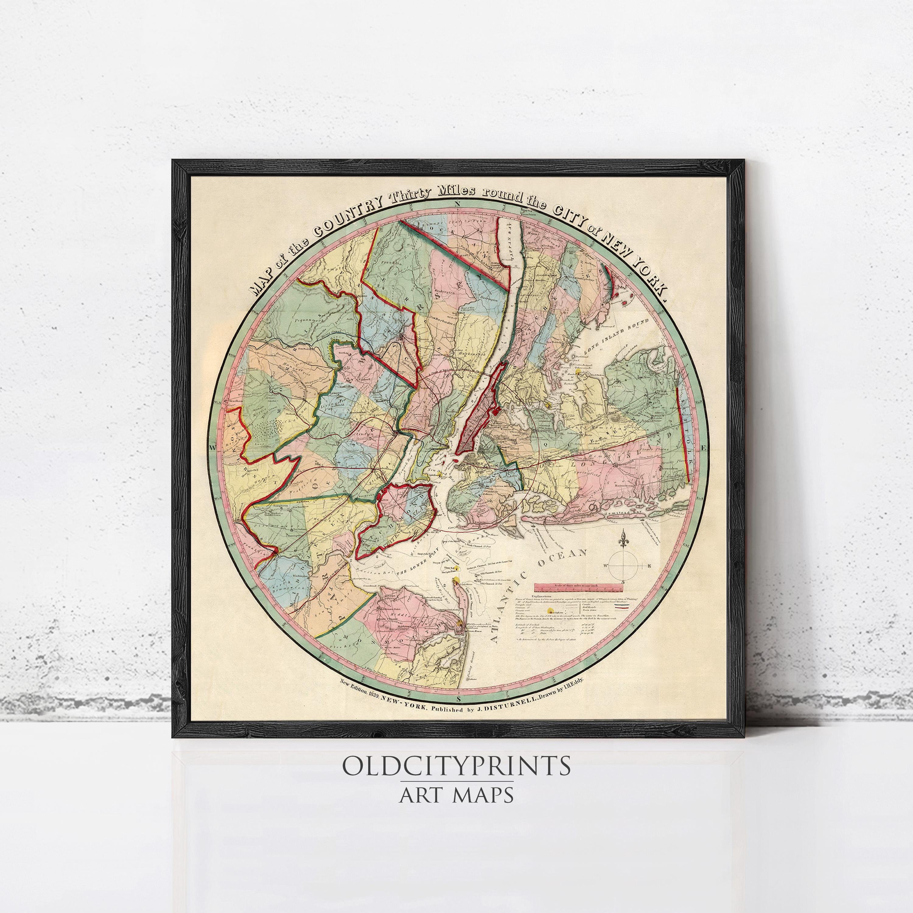 The image is a framed vintage map of New York City, depicting the city's geographical layout and surrounding areas.