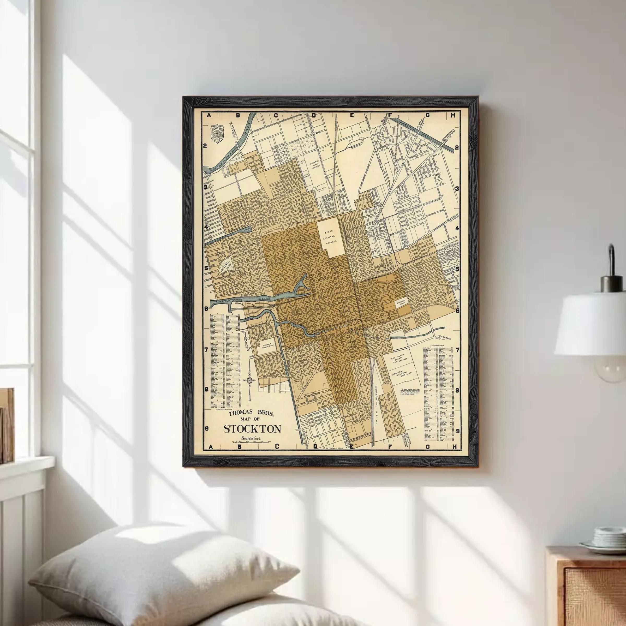 The image is a framed vintage map of Stockton, California, depicting the city's layout and surrounding areas.