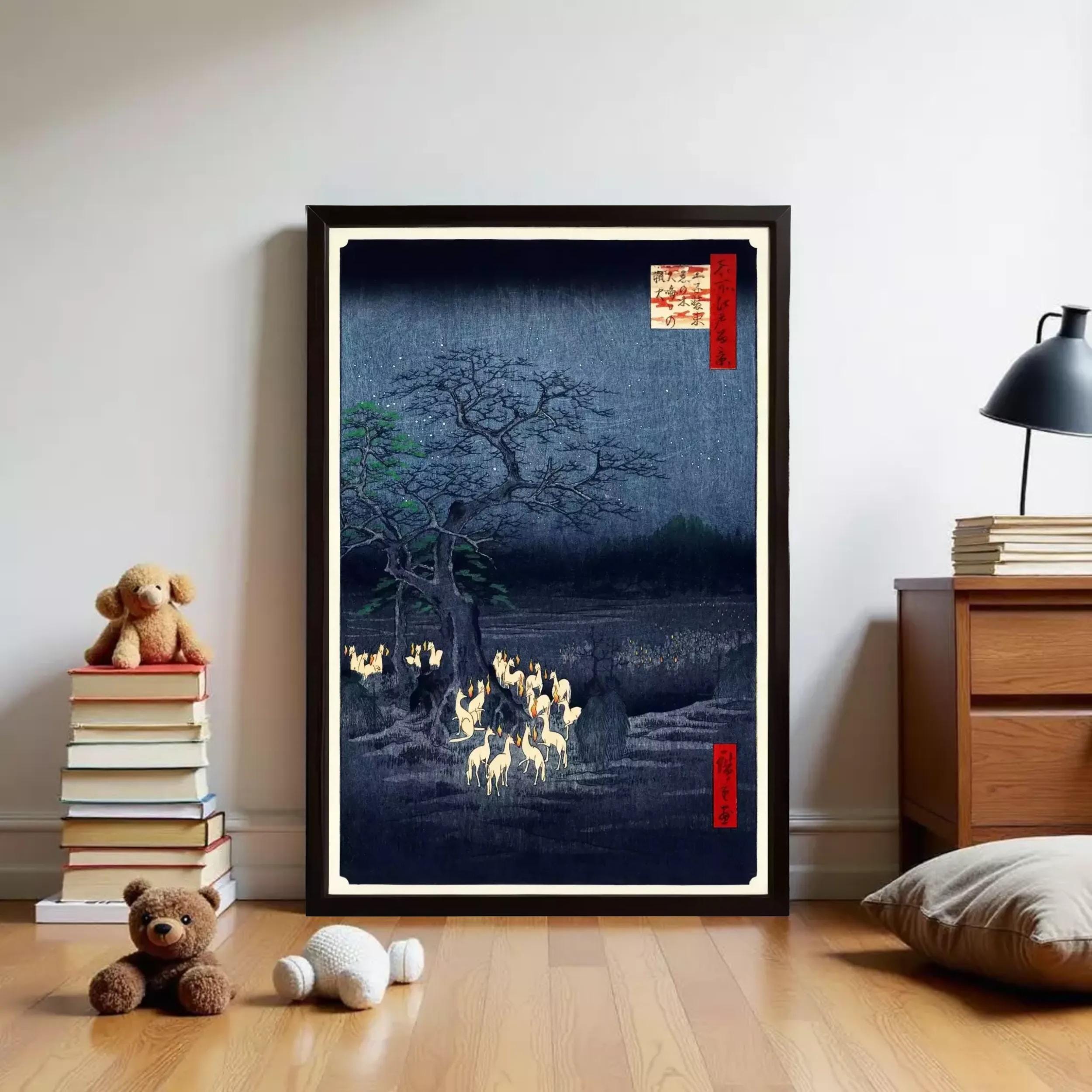 a framed artwork depicting a nighttime scene with a dark forest and glowing fireflies, surrounded by a dark and moody atmosphere.