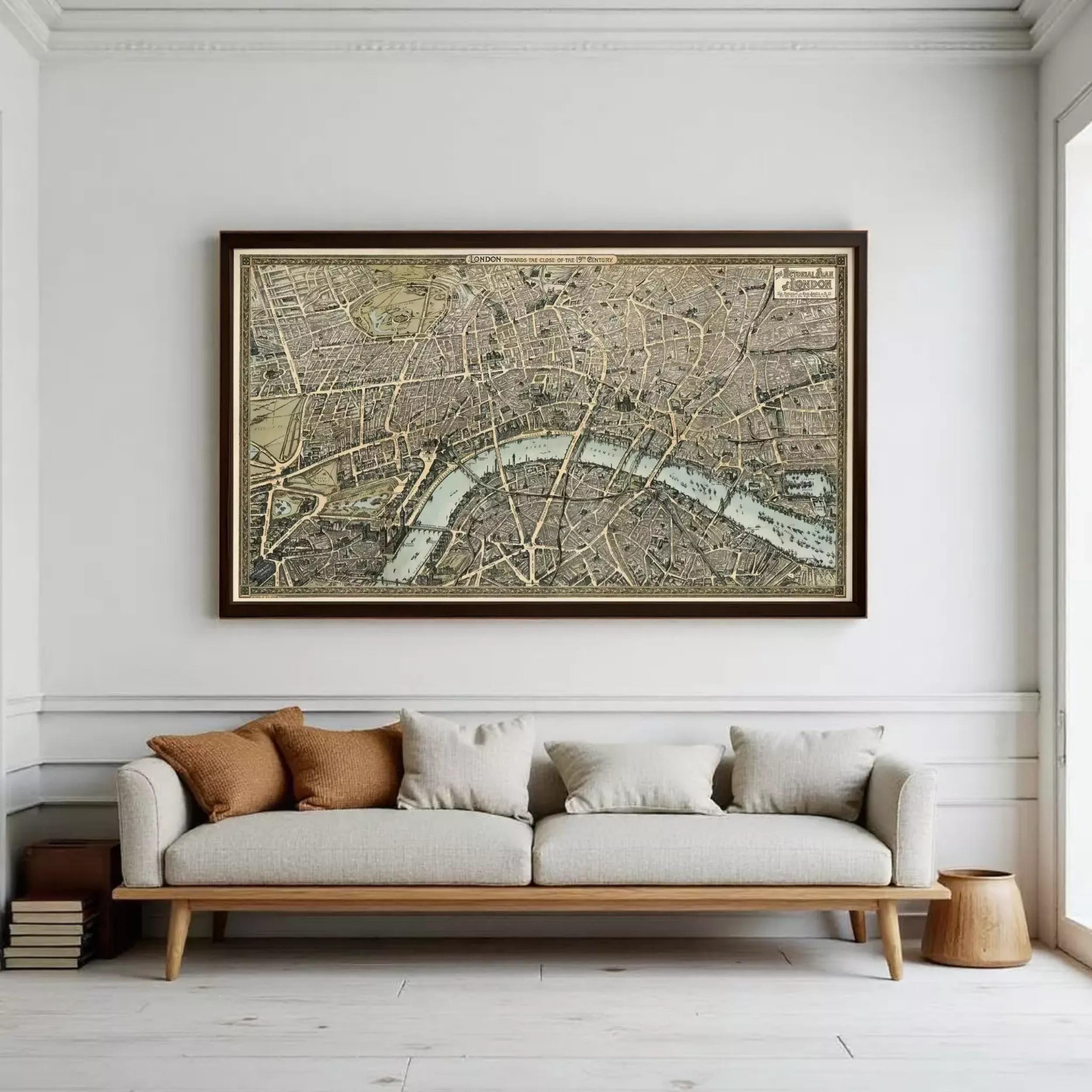 The image is a framed map of London, England, depicting the city's streets and landmarks.