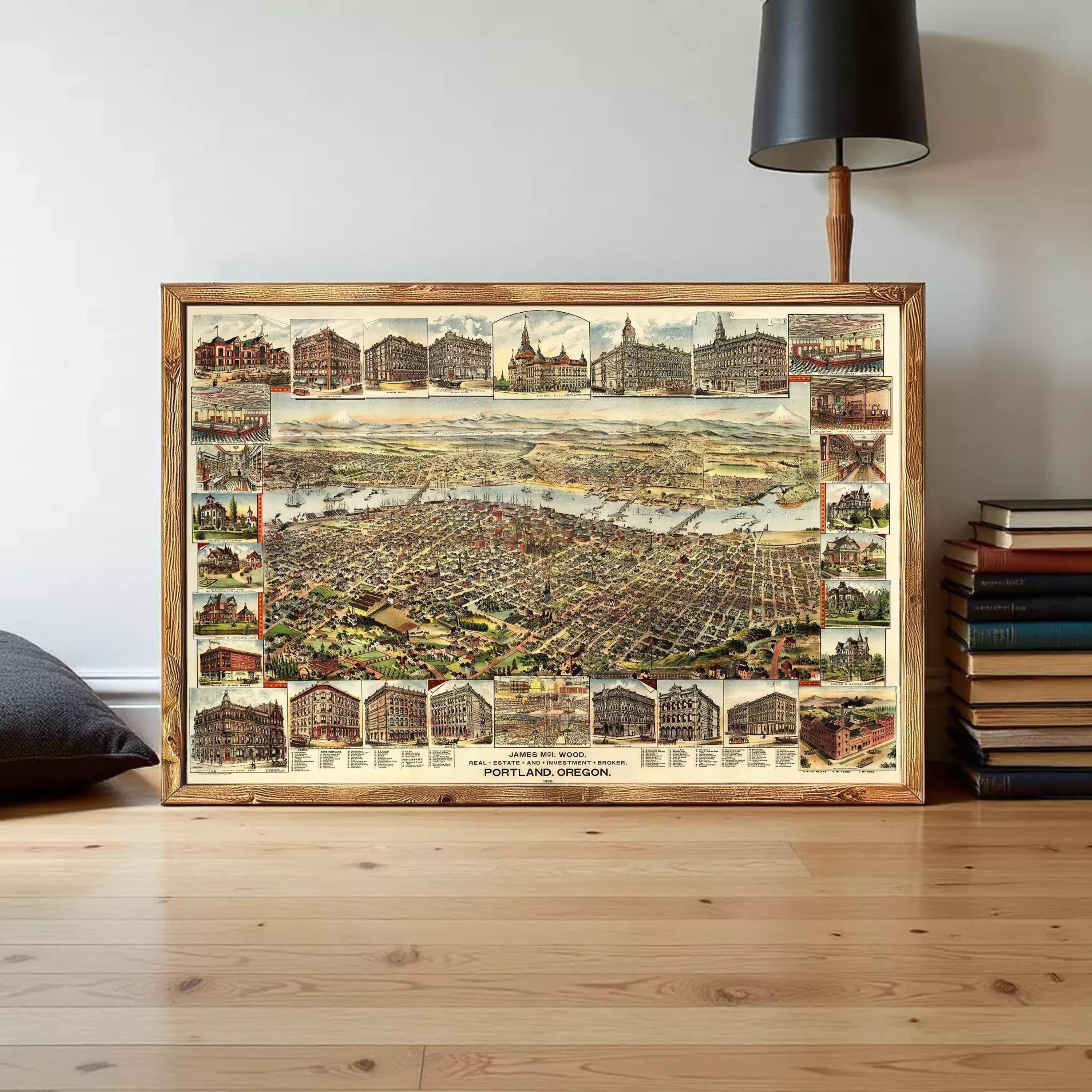 The image is a framed vintage map of Portland, Oregon, depicting various landmarks and buildings in the city.