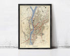 The image is a framed map of Cairo, Egypt, showing the city's streets, landmarks, and surrounding areas.
