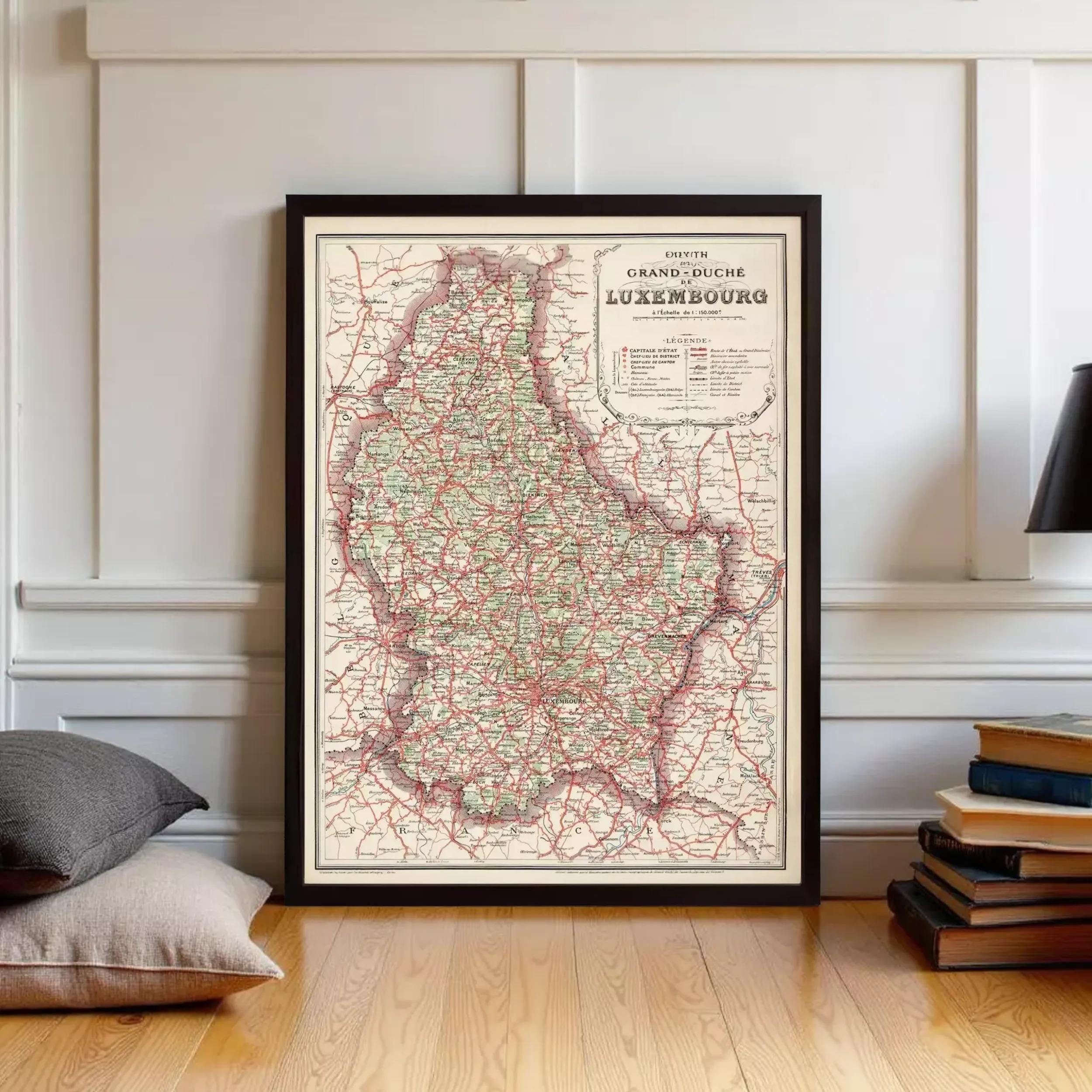 The image is a framed map of Luxembourg, showing the country's roads and surrounding areas.