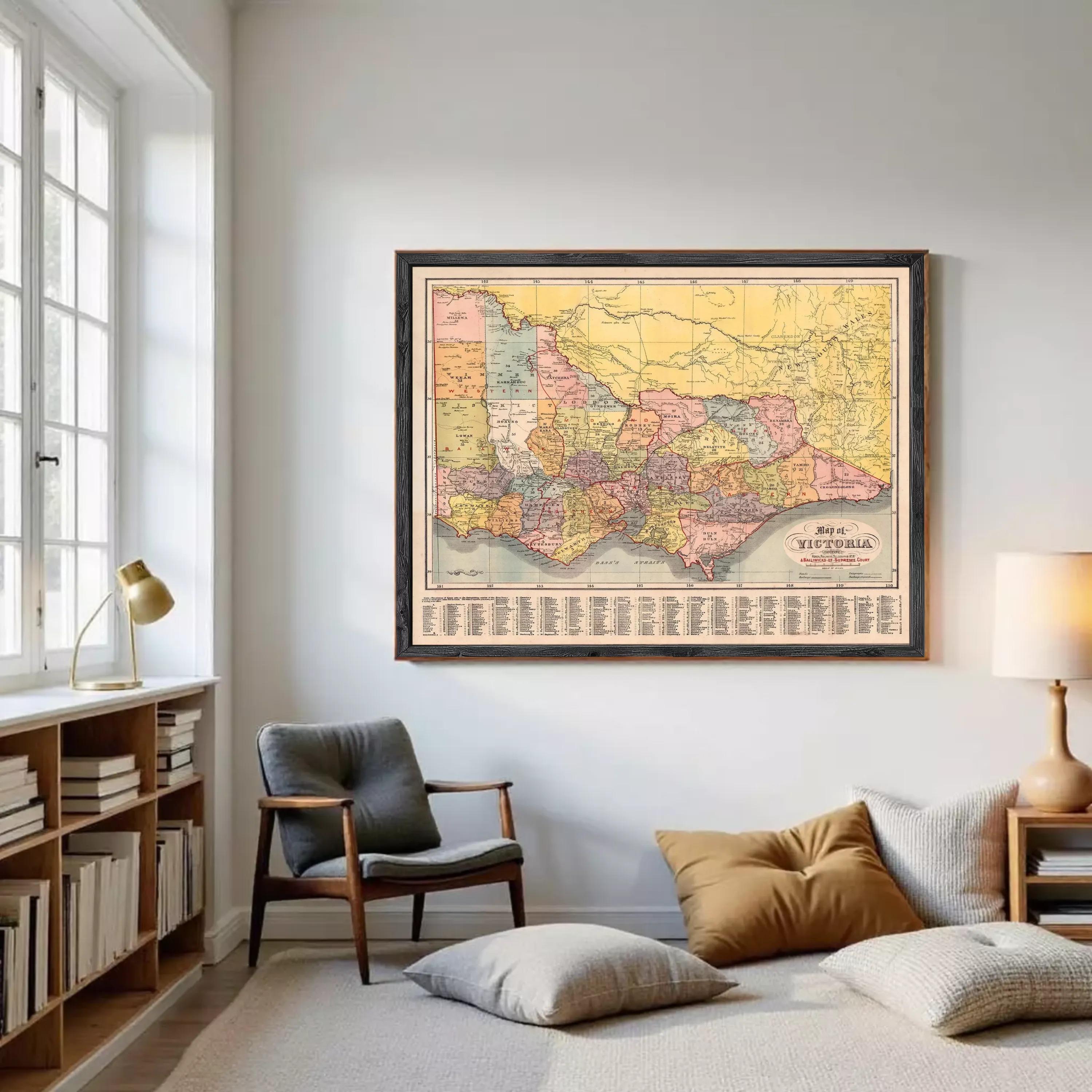 The image is a framed vintage map of Victoria, Australia, depicting the state's geographical layout and boundaries.