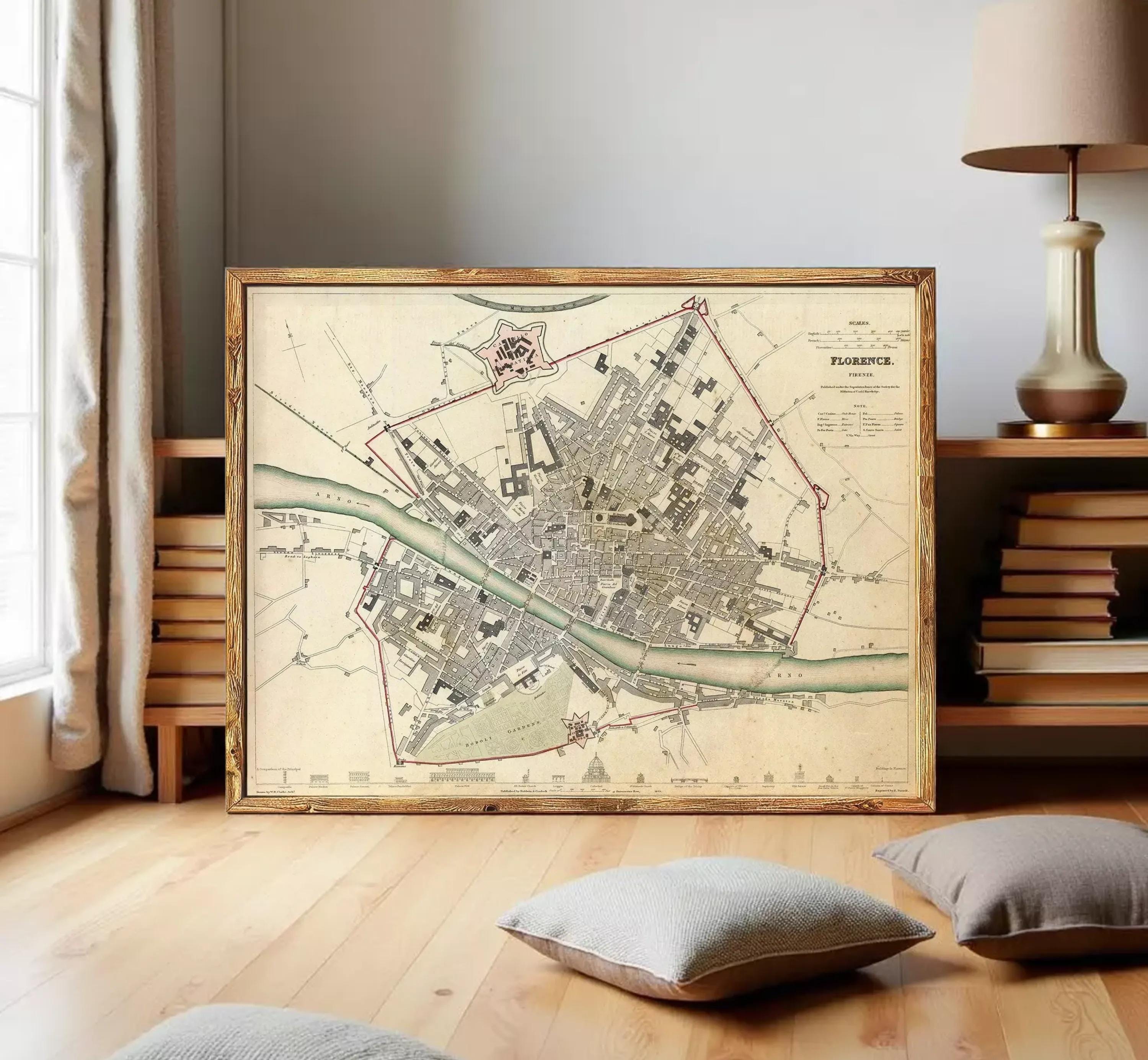 The image is a framed map of Florence, Italy, depicting the city's layout and surrounding areas.