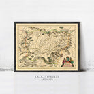 The image is a framed antique map of a region, likely from the 16th century, with detailed cartography and illustrations.