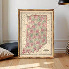 The image is a framed map of Indiana, with the state's borders clearly visible and the map details in a vintage style.