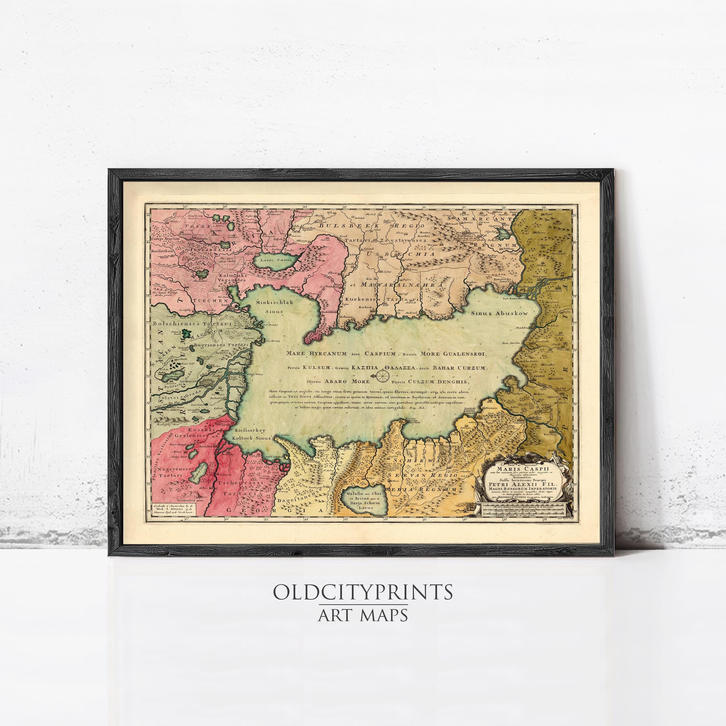 The image is a framed vintage map of the Middle East and North Africa, depicting the region in a detailed and colorful manner.