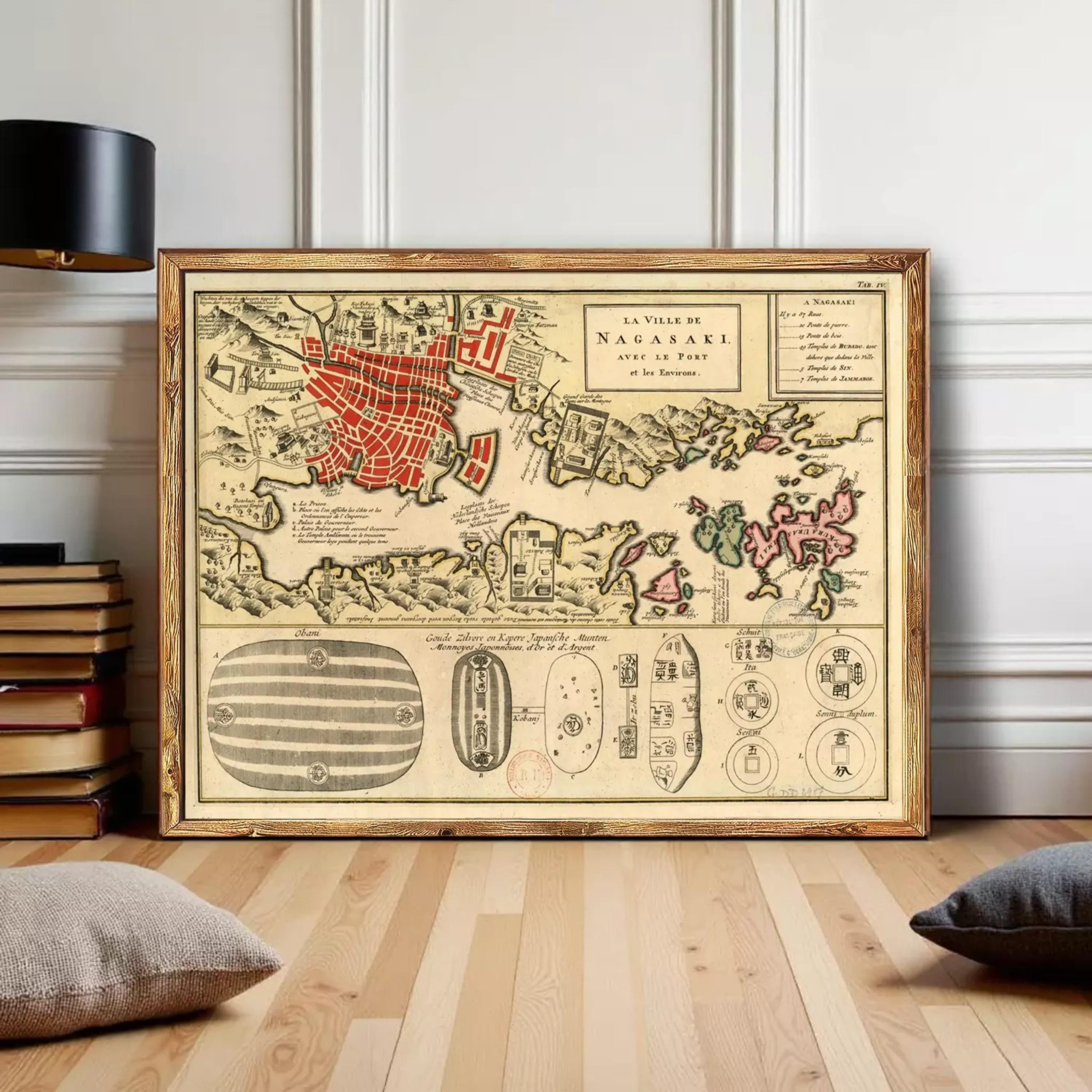 The image is a framed vintage map of Nagasaki, Japan, depicting the city's layout and surrounding areas.