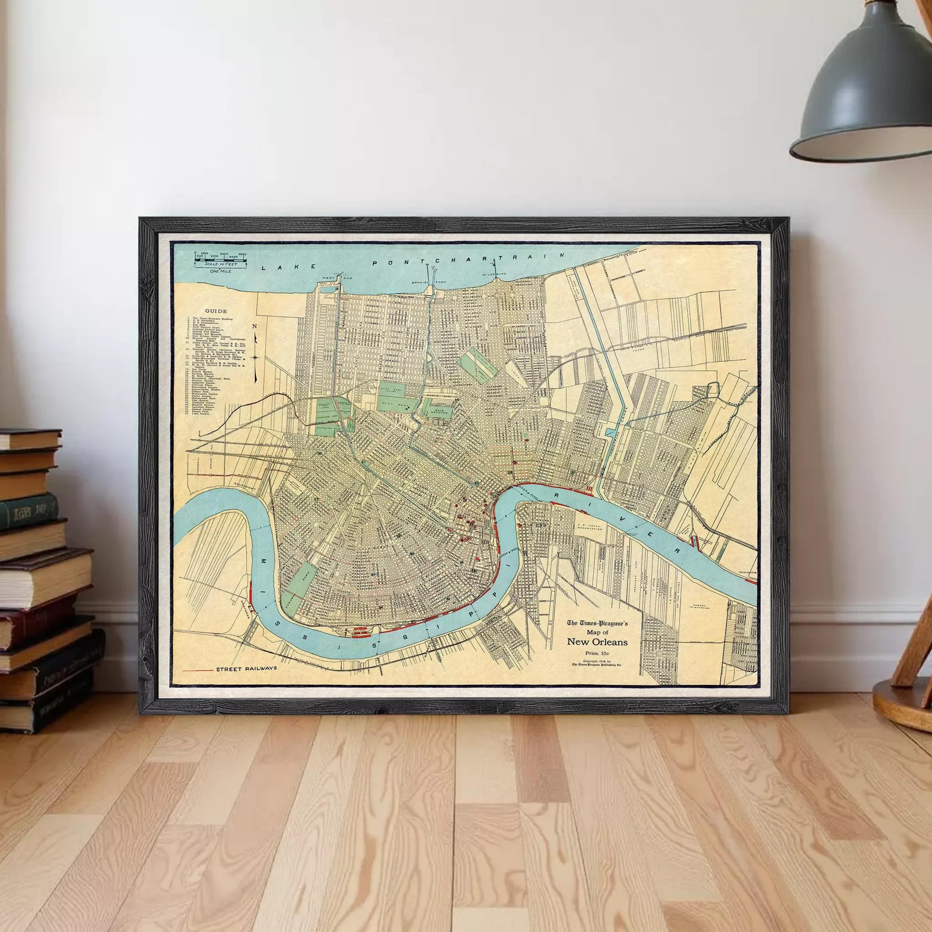 The image is a framed map of New Orleans, Louisiana, depicting the city's layout and surrounding areas.