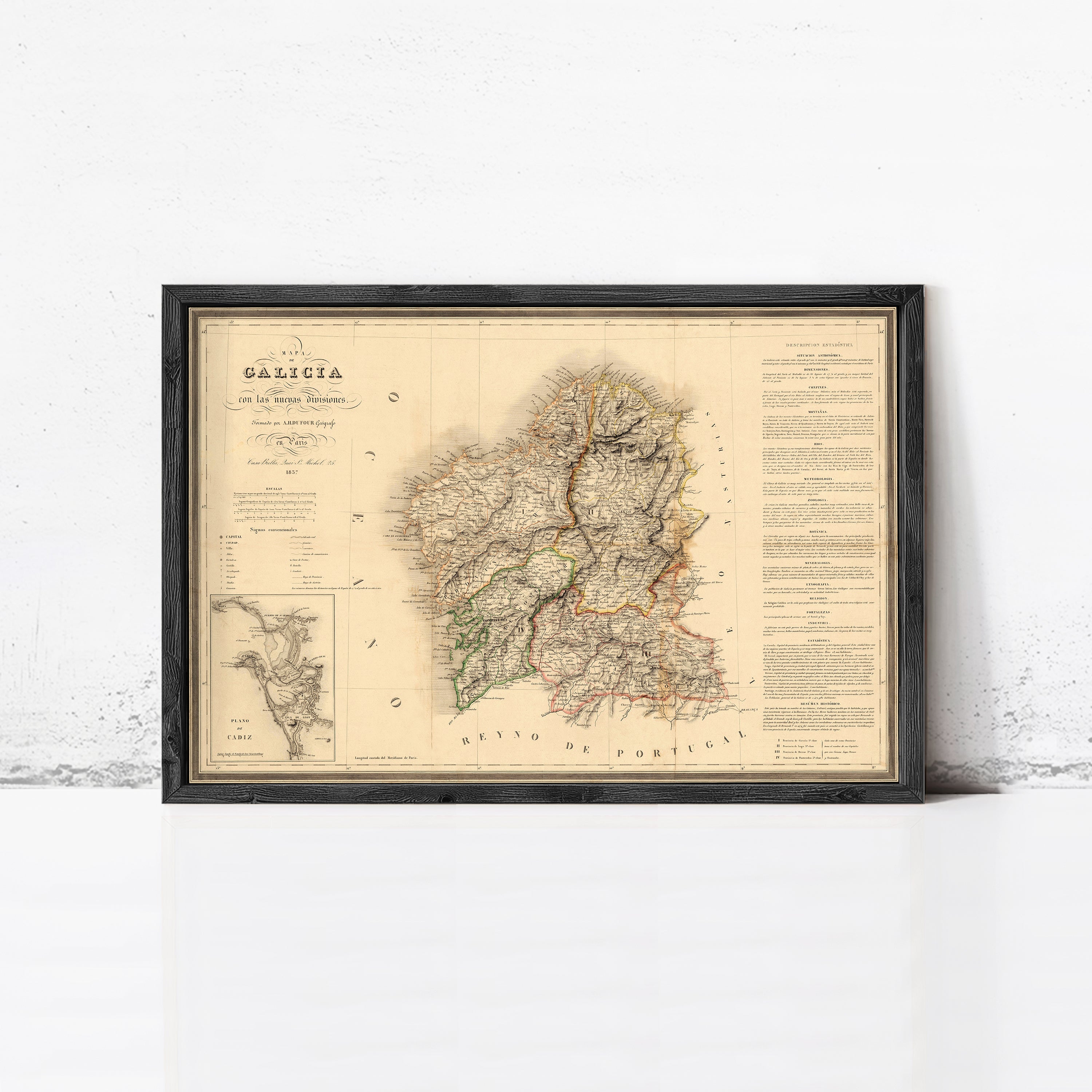 The image is a framed vintage map of the Galicia region, which is a part of the Iberian Peninsula.