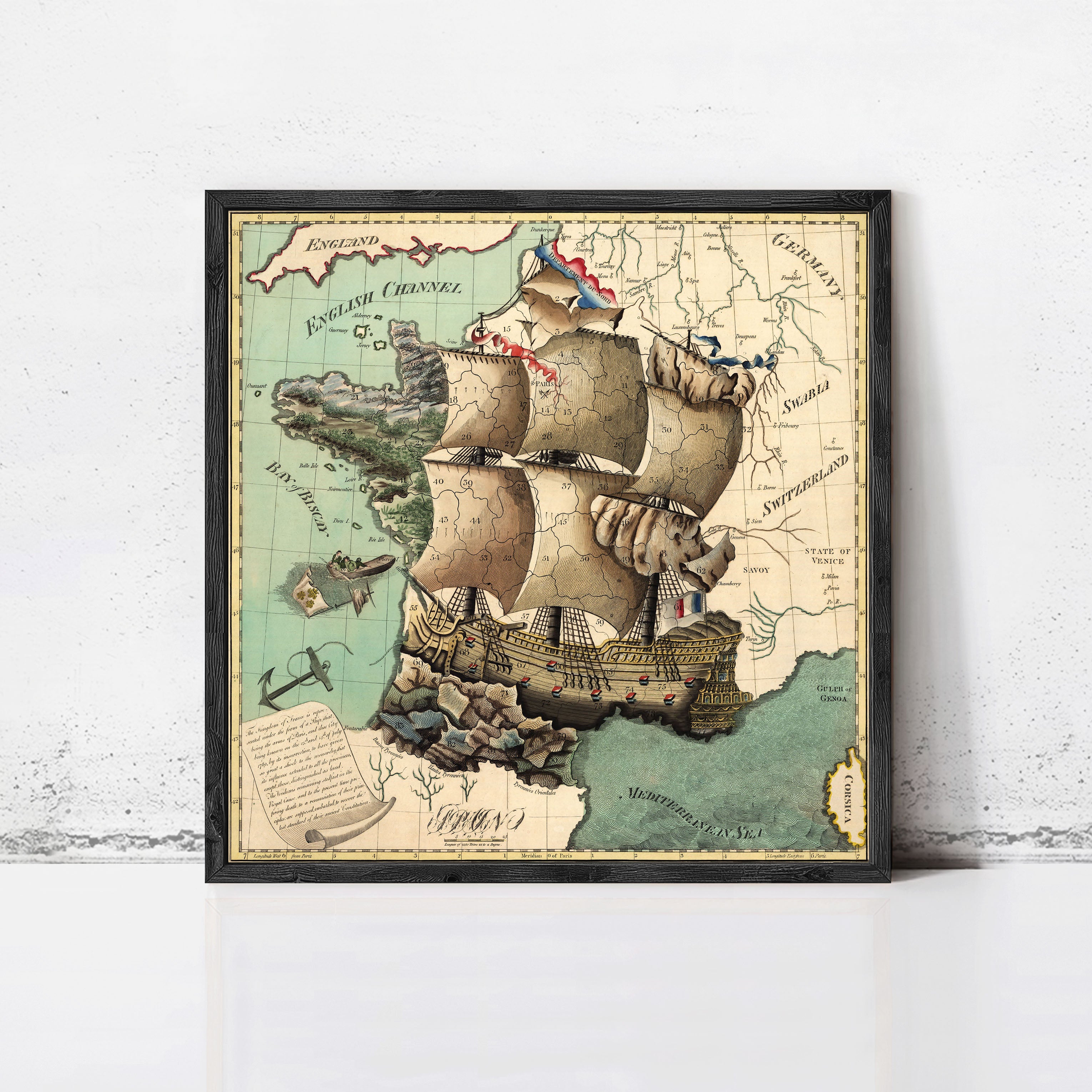 The image is a framed vintage map of Europe, depicting a large sailing ship in the center.