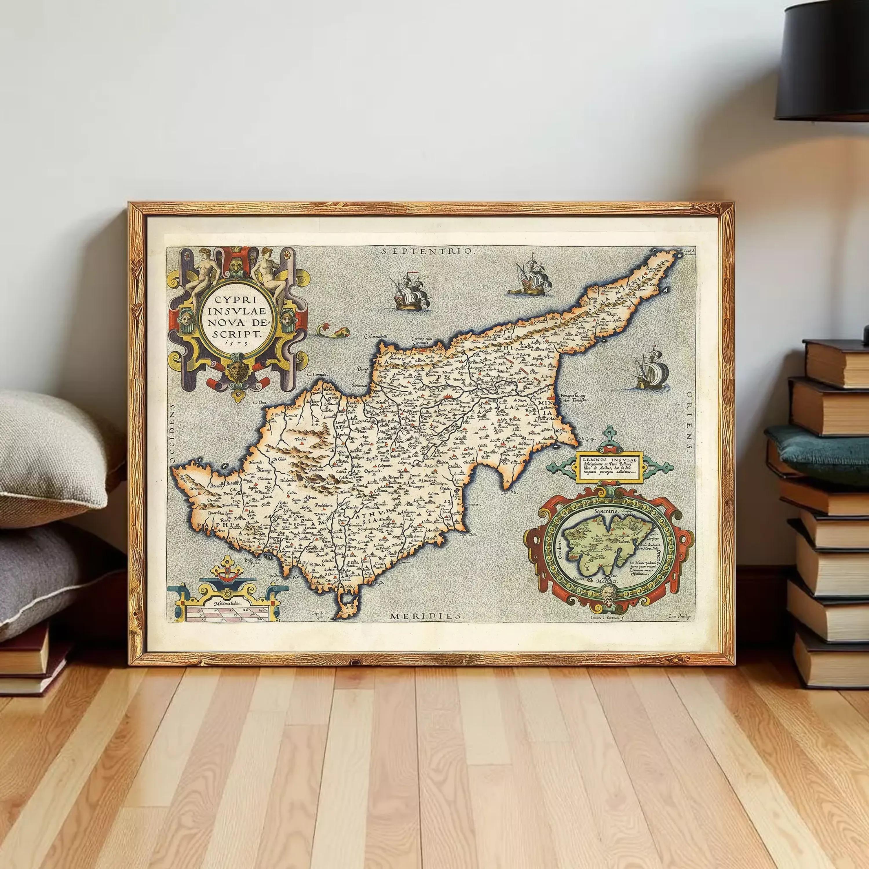 The image is a framed vintage map of the island of Cyprus, depicting the country's geographical layout and surrounding areas.