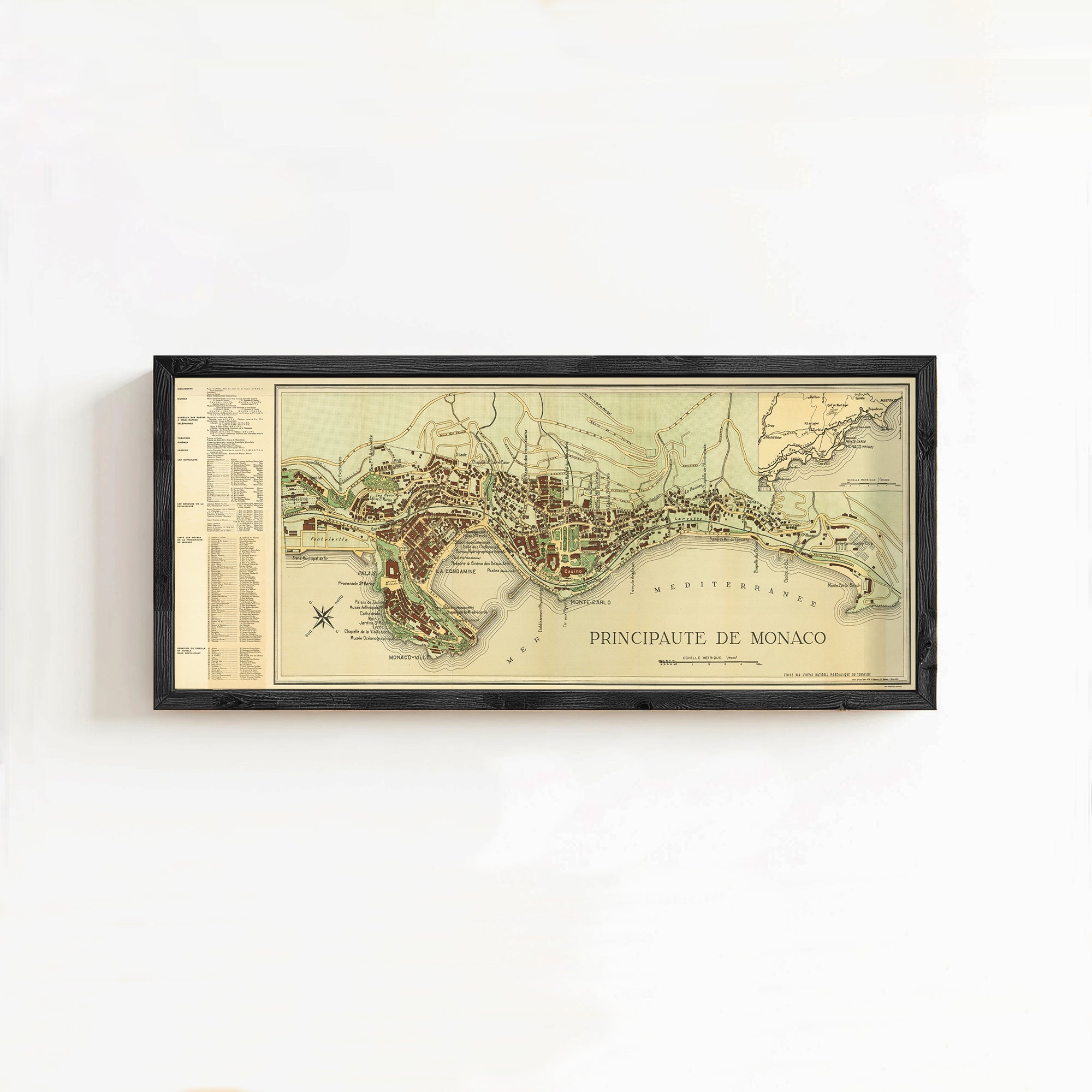 The image is a framed vintage map of Monaco, a small French island located in the Mediterranean Sea.