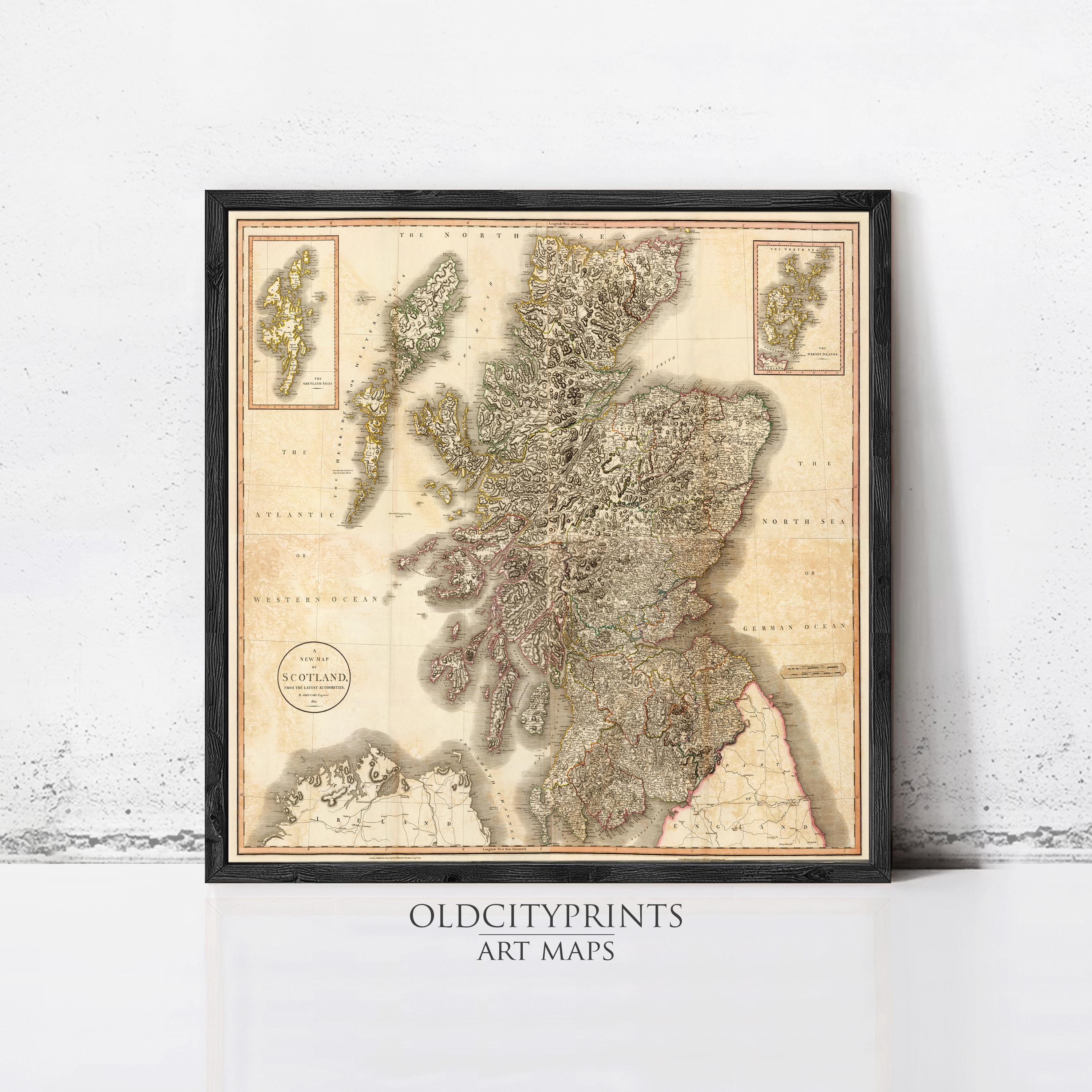 The image is a framed antique map of Scotland, depicting the country's geographical layout and surrounding areas.