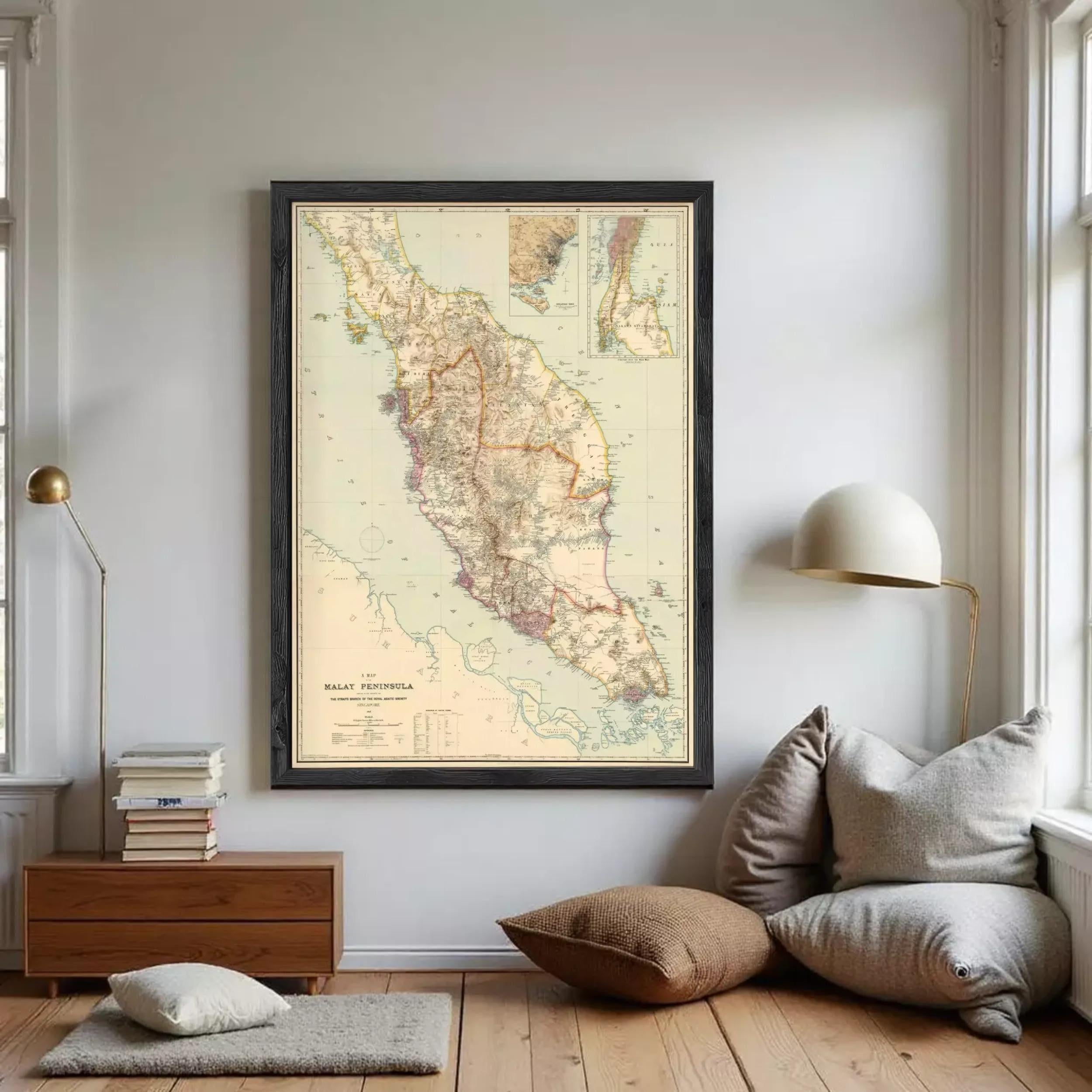The image is a framed map of Malaysia, showing the country's geographical layout and surrounding areas.