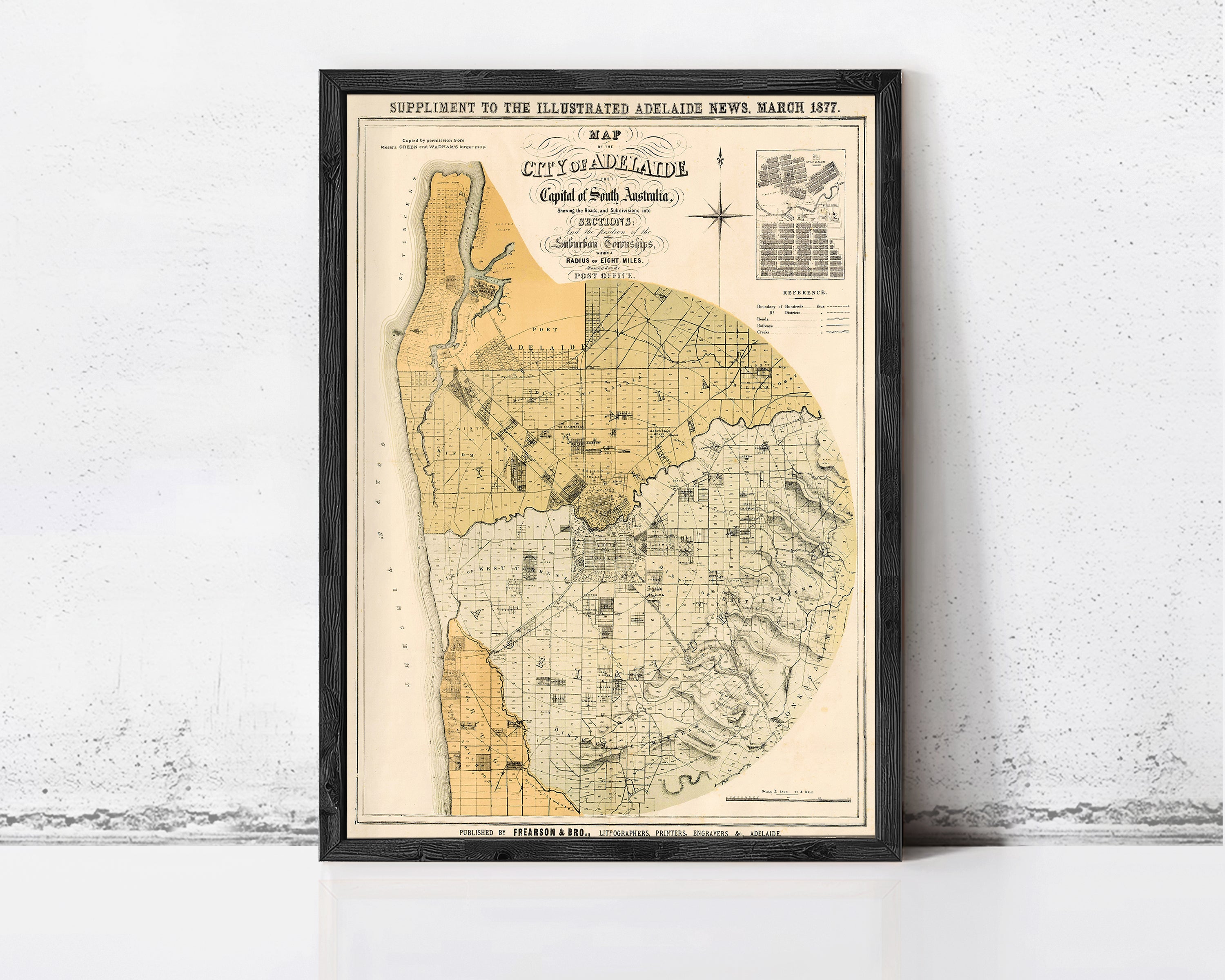 The image is a framed map of the City of Adelaide, South Australia, dated March 1887.