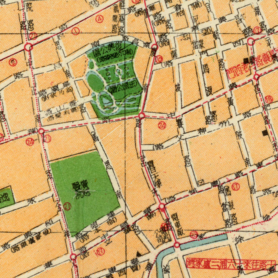 The image is a detailed map of a city, showing streets, buildings, and other urban features.