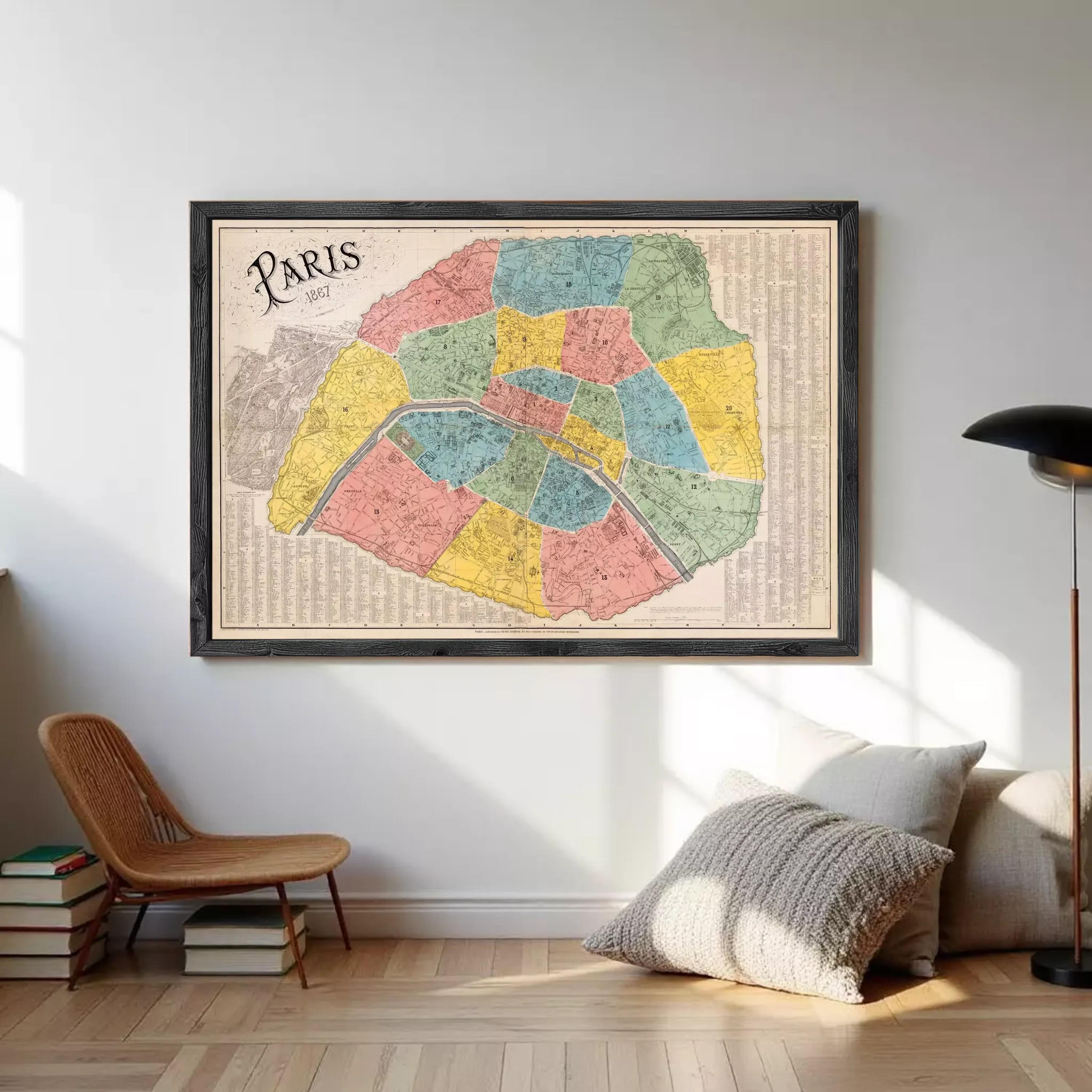 The image is a framed vintage map of Paris, France, depicting the city in a colorful and detailed manner.