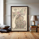 The image is a framed vintage map of Michigan, showing the state's geographical layout and boundaries.